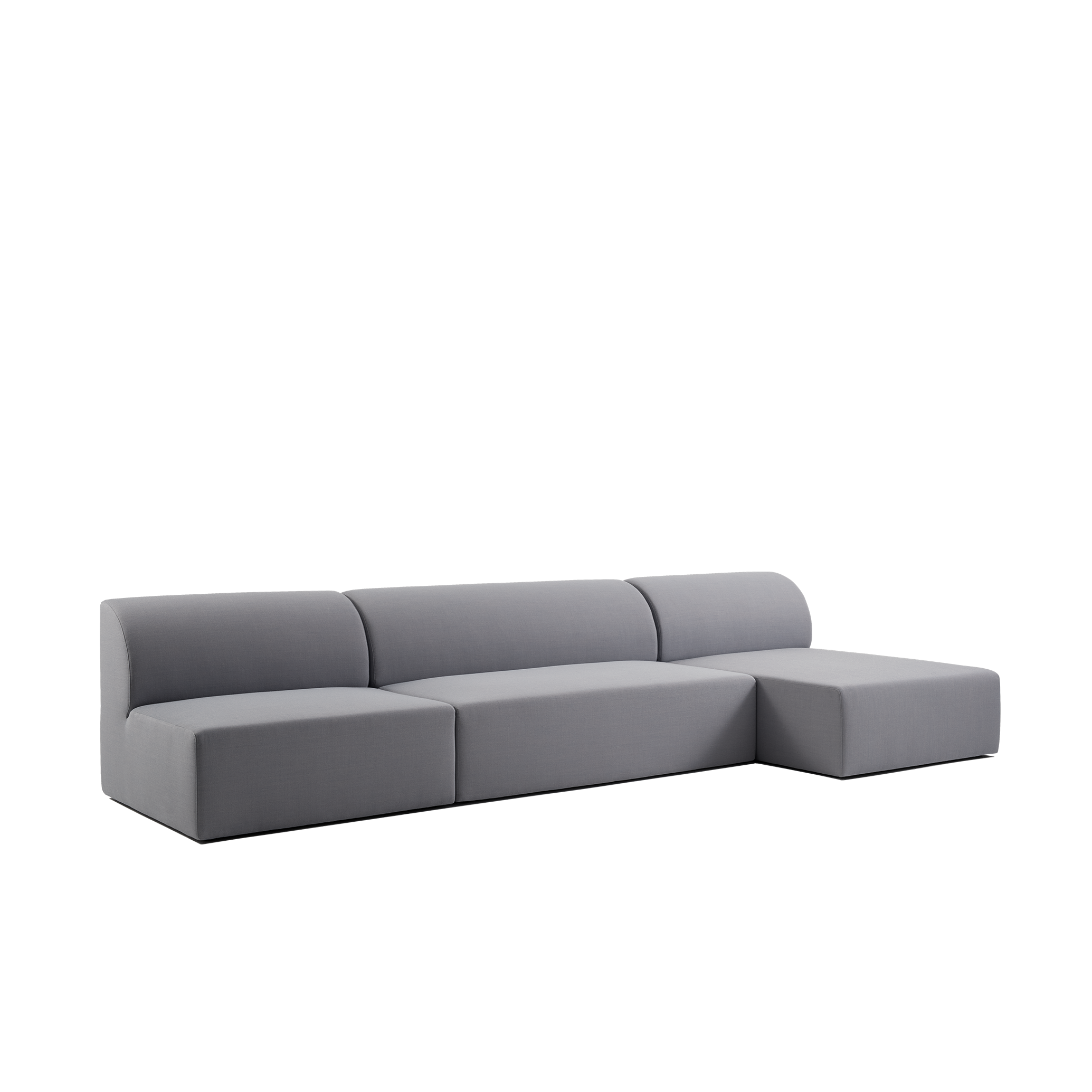 Presenting the Weber Modular Sofa by Objekte unserer Tage: a modern, minimalist gray sectional with German charm. This sustainable design includes three seating sections and a right-side chaise, highlighted against a plain white backdrop.