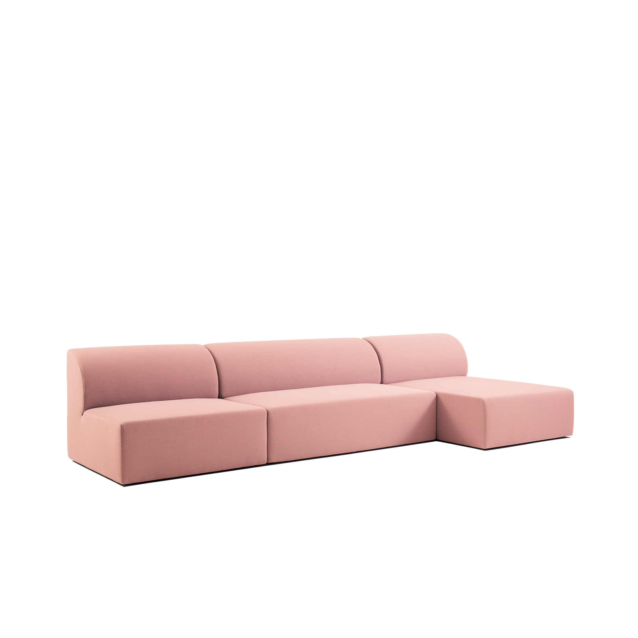 A modern, minimalist L-shaped Weber Modular Sofa from Objekte unserer Tage in pink with clean lines and concealed legs against a white background. Featuring a low backrest and four sections, it captures German sensuality while blending style with sustainability.