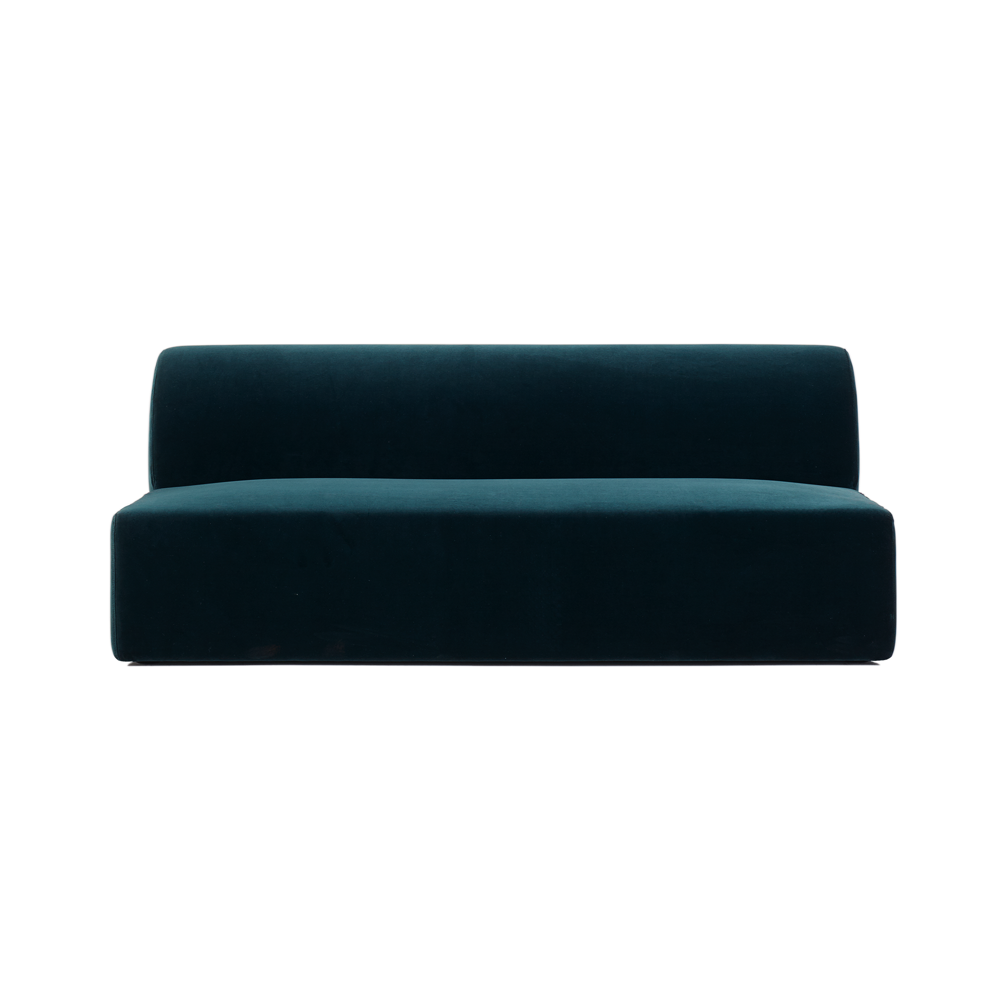 The Weber Modular Sofa by Objekte unserer Tage is a modern dark teal velvet piece exuding German sensuality. Its minimalist design features a simple boxy shape with a straight backrest and seat, no armrests, and it rests on a flat surface without visible legs or embellishments.