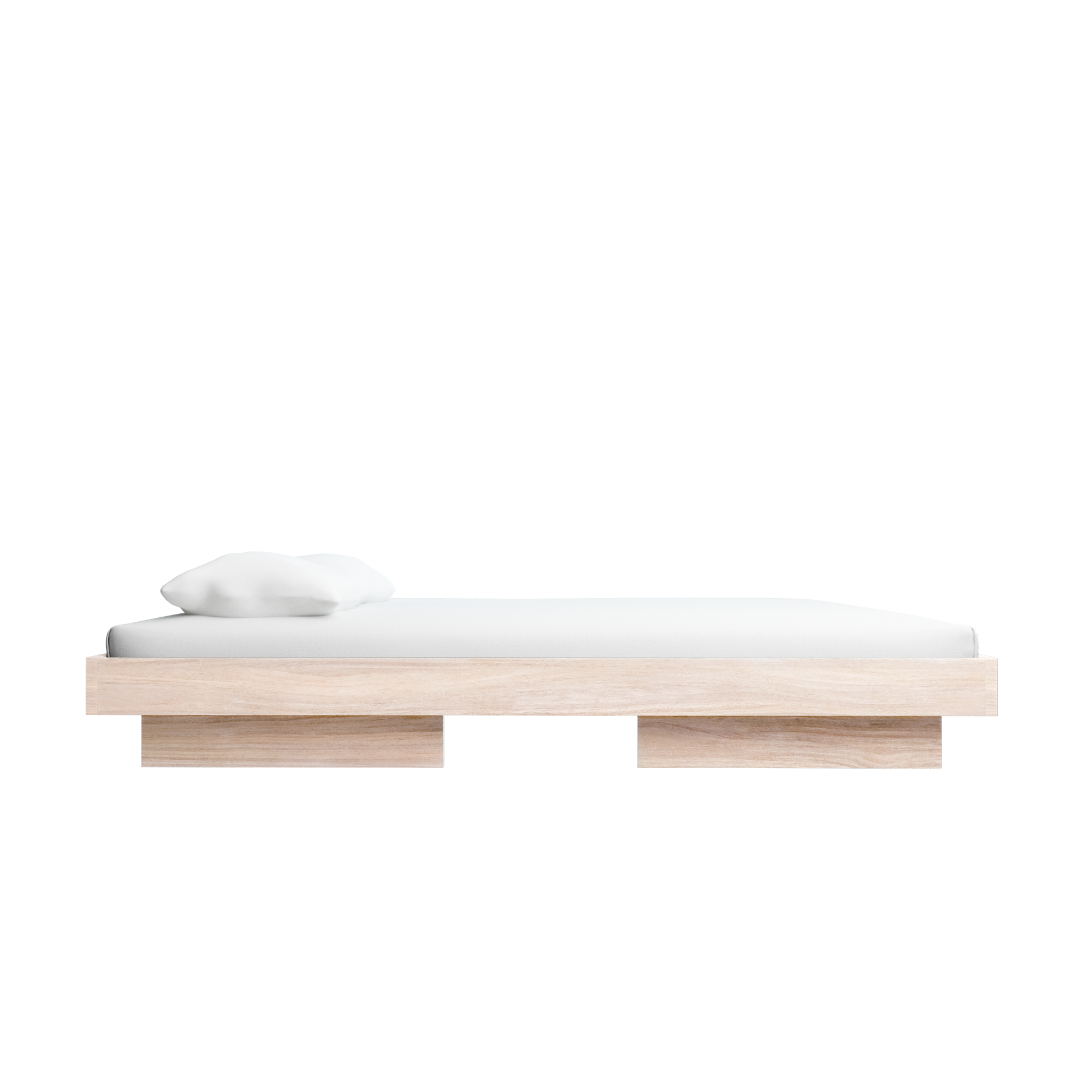 Introducing the Zians Bed by Objekte unserer Tage: a minimalist design featuring a light wooden frame, single white pillow on a plain white mattress, and low platform with open space beneath for a modern look and dreamy coziness.