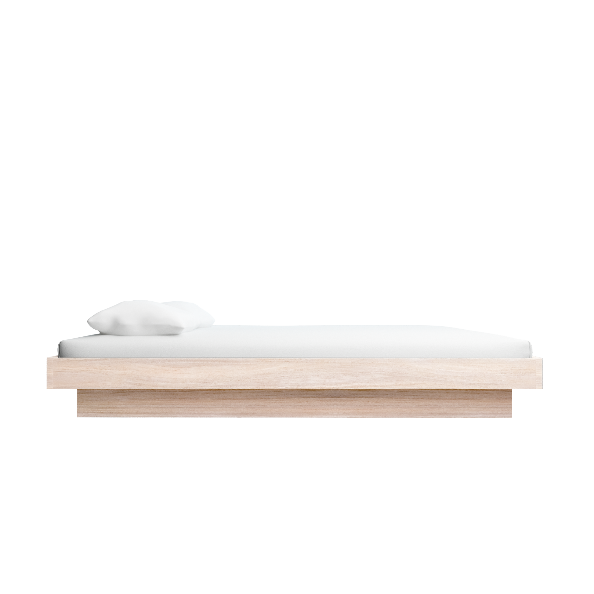 The Zians Bed by Objekte unserer Tage features a minimalist wooden frame holding a white mattress and pillow, providing dreamy coziness. Seen from the side against a plain white background, it epitomizes natural sleeping at its finest.