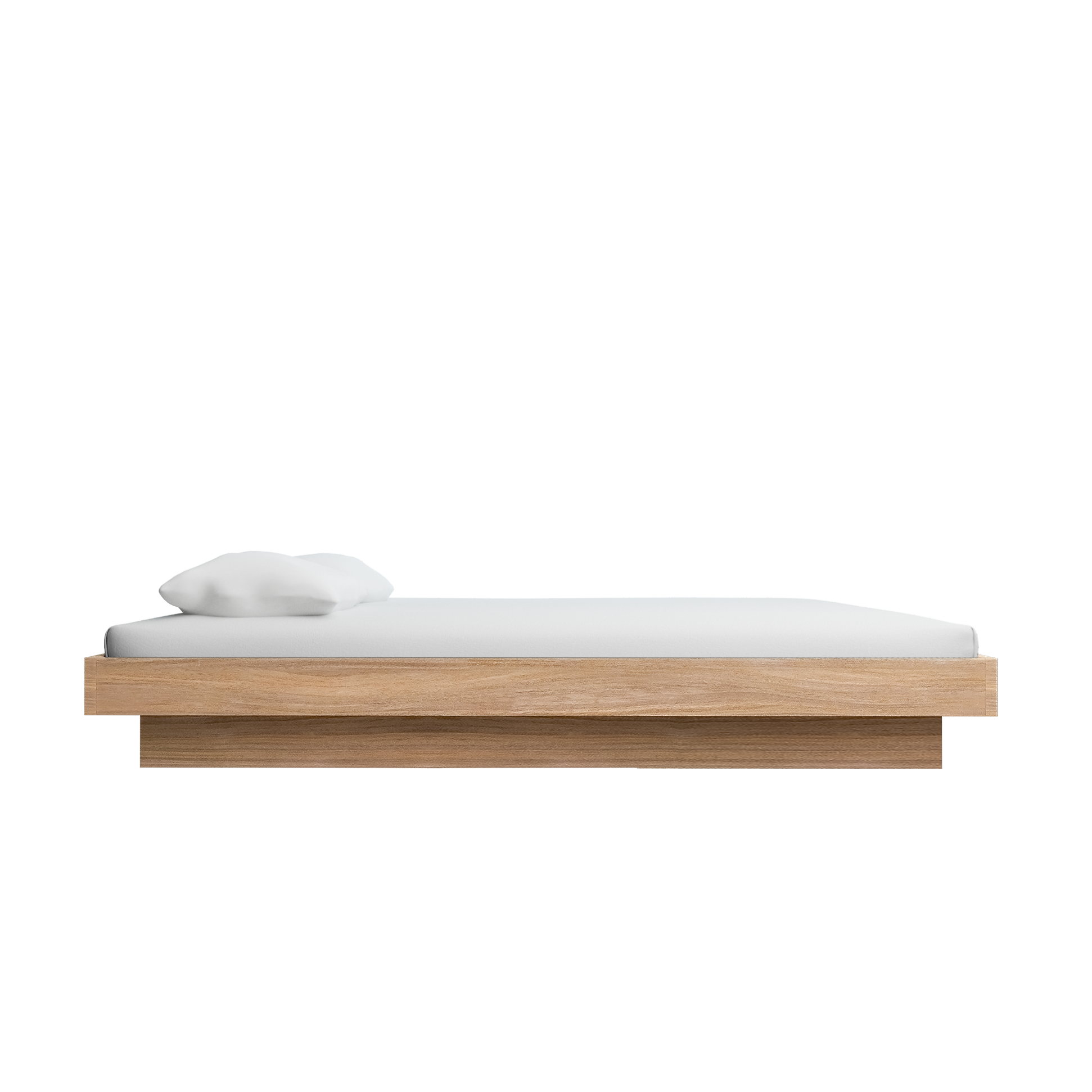 The Zians Bed by Objekte unserer Tage features a minimalist light brown wooden frame and crisp white mattress, creating a natural sleeping experience with an inviting and dreamy coziness when viewed from the side.