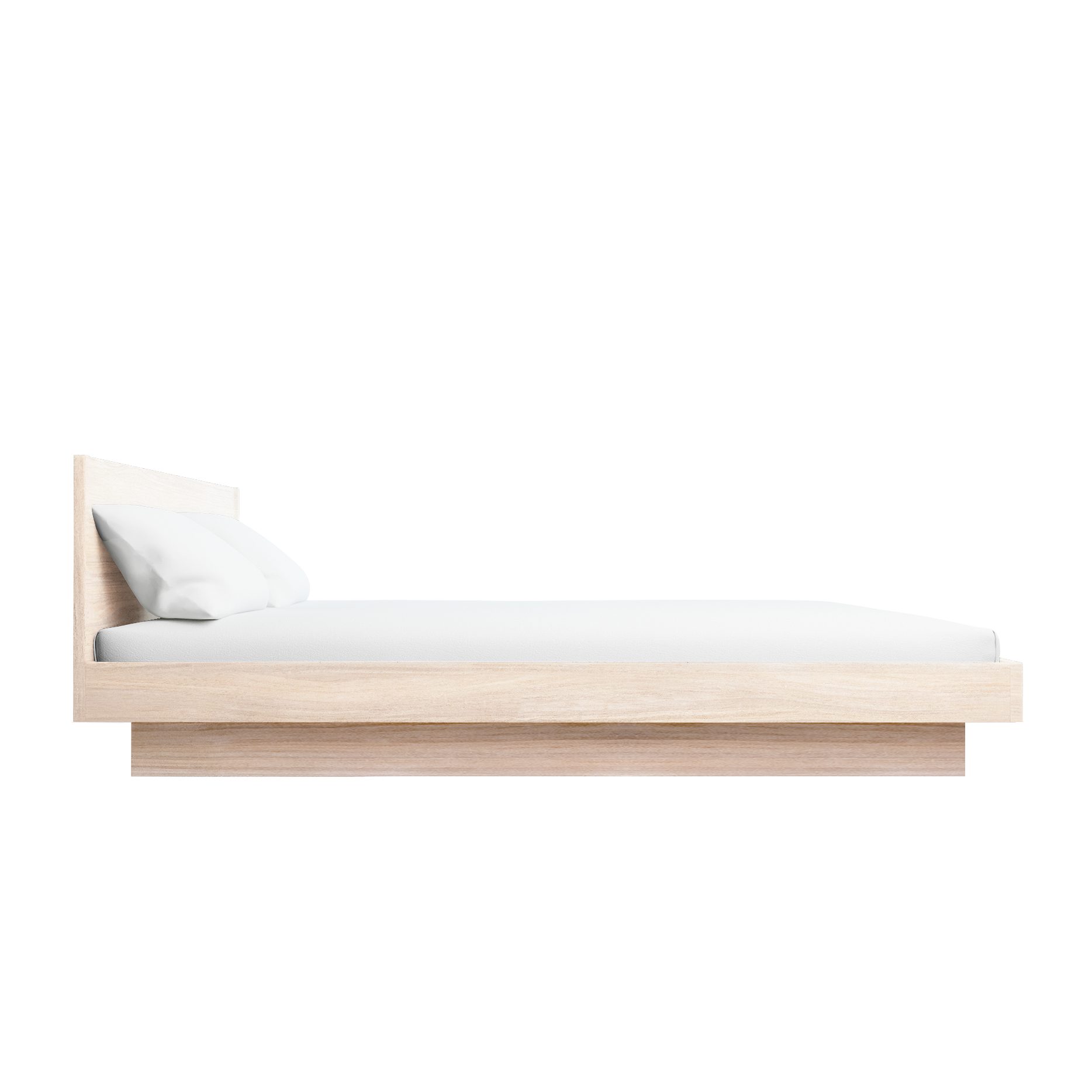 Experience dreamy coziness with the minimalist Zians Bed by Objekte unserer Tage. Featuring a light finish and simple headboard, its elegantly dressed in white sheets and a matching pillow, set against a plain white background for a serene and natural sleeping experience.