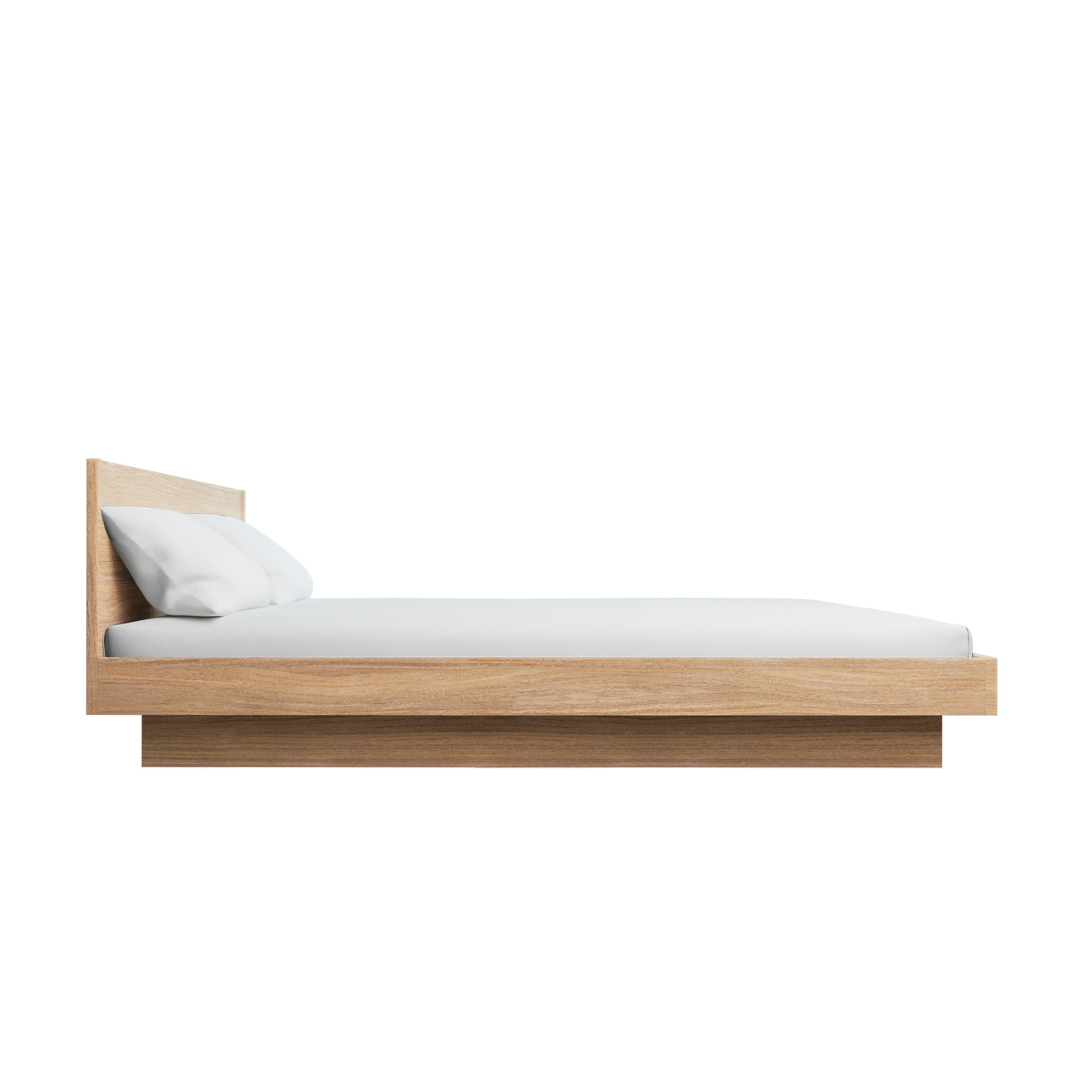 A side view of the Zians Bed by Objekte unserer Tage showcases its minimalist design with a light wooden frame and simple white mattress. It includes two pillows for dreamy coziness and no extra decorations, emphasizing a clean, sleek aesthetic for natural sleeping.