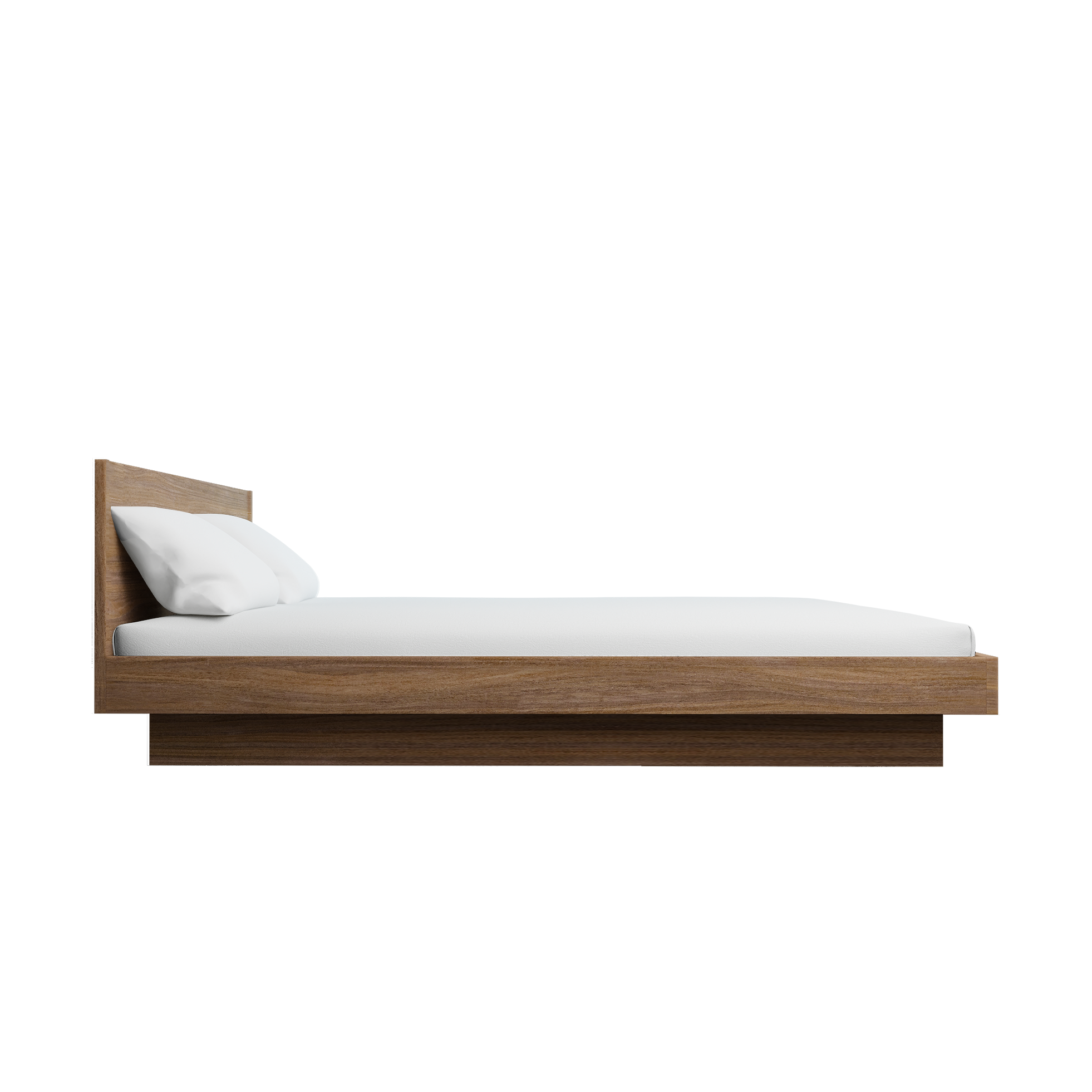 The Zians Bed by Objekte unserer Tage features a minimalist wooden frame and provides dreamy coziness. It includes a white mattress and pillow, shown from the side against a plain white background, perfect for those who appreciate natural sleeping spaces.
