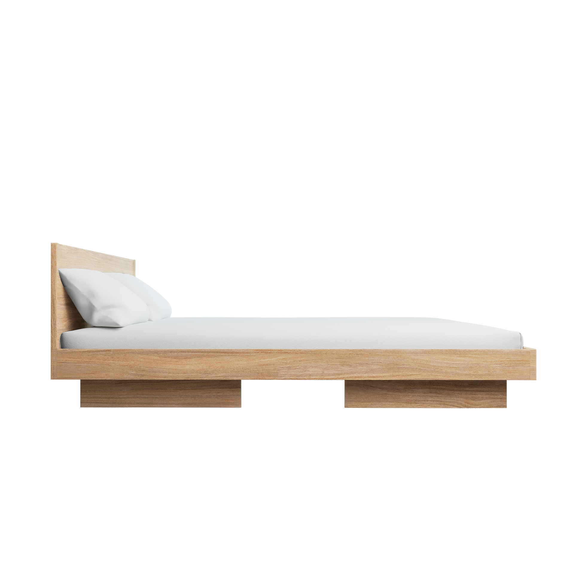 Side view of the Zians Bed by Objekte unserer Tage, featuring a minimalist wooden design and simple headboard. Made from light wood, it includes a white mattress and pillow, highlighting modern coziness for natural sleep.