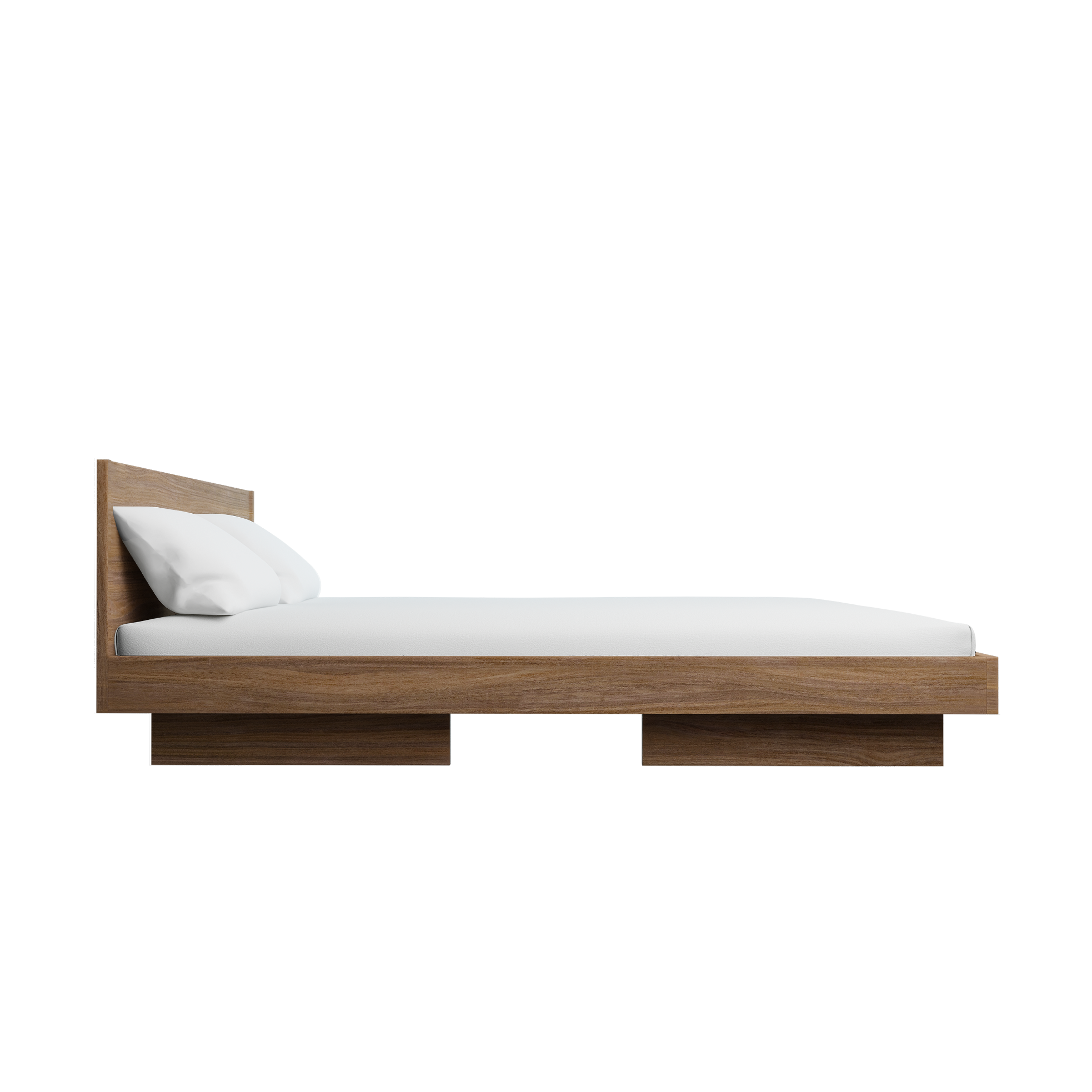 Side view of the Zians Bed by Objekte unserer Tage, a minimalist wooden design offering cozy elegance with a natural wood finish. It features clean lines and a sleek headboard, enhanced by a white pillow and mattress for an inviting feel.