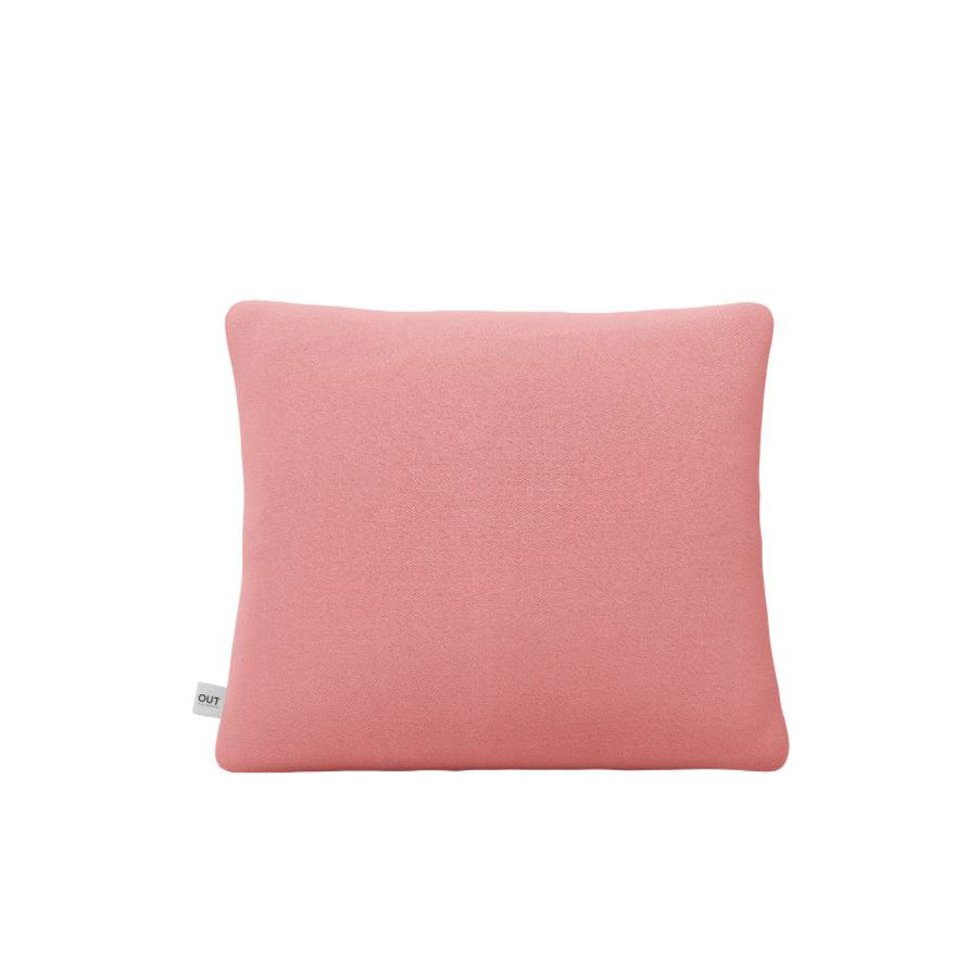 The Weber Cushion by Objekte unserer Tage is a soft, square cushion with a solid pink cover made from premium Weber upholstery. It includes a small white logo tag on one side, and the vibrant fabric stands out against the plain white background.