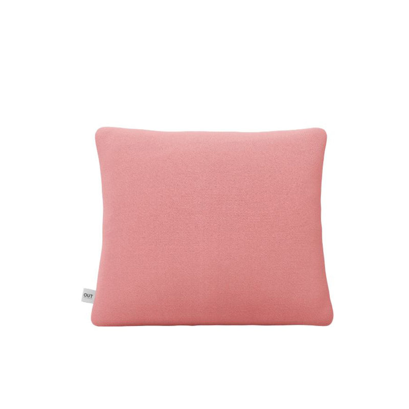 The Weber Cushion by Objekte unserer Tage is a soft, square cushion with a solid pink cover made from premium Weber upholstery. It includes a small white logo tag on one side, and the vibrant fabric stands out against the plain white background.