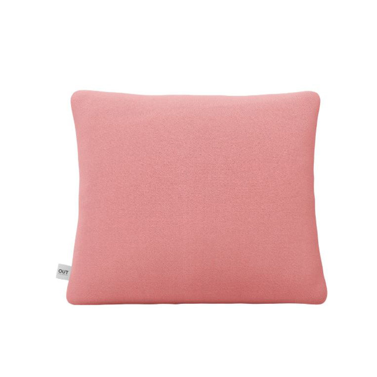 A square, pink Weber Cushion with a smooth texture from Objekte unserer Tage is displayed against a plain white background. A small branded tag highlights its craftsmanship with premium fabrics and leathers.