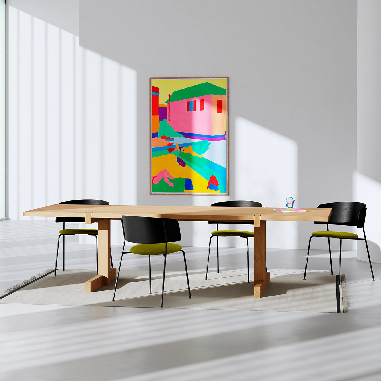 A modern dining room showcases a Richter Table by Objekte unserer Tage, crafted from sustainable sources. It pairs beautifully with four black chairs boasting green cushions. A vibrant abstract painting adorns the wall, and sunlight filters through large windows, casting graceful shadows on the floor.