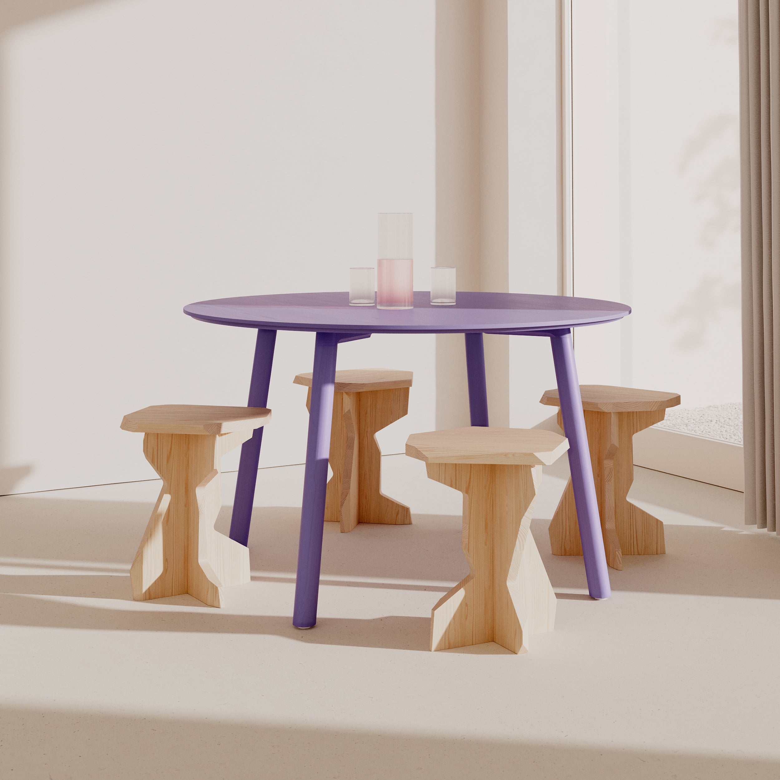 A modern dining area showcases the Meyer Color Table from Objekte unserer Tage, a round purple dining table accompanied by four matching wooden stools in ash wood veneer. The minimalist design enhances natural light, while soft shadows dance across the floor, embodying its essence perfectly.