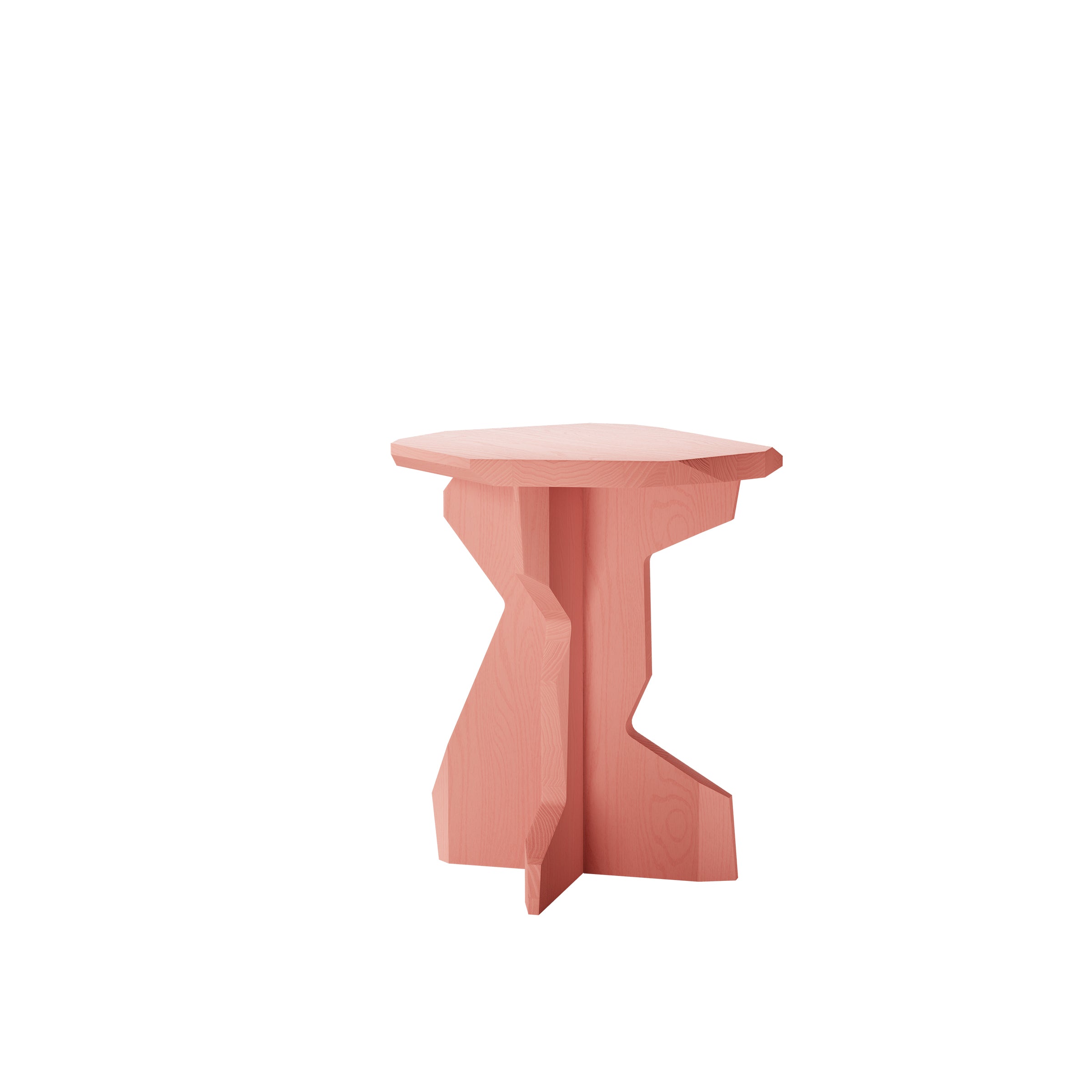 Introducing the Fels Sidetable by Objekte unserer Tage: a small, handcrafted piece in pink. This uniquely designed marvel features natural wood with an irregular geometric shape, a flat top, and angular legs, set against a plain white background to highlight its charm.