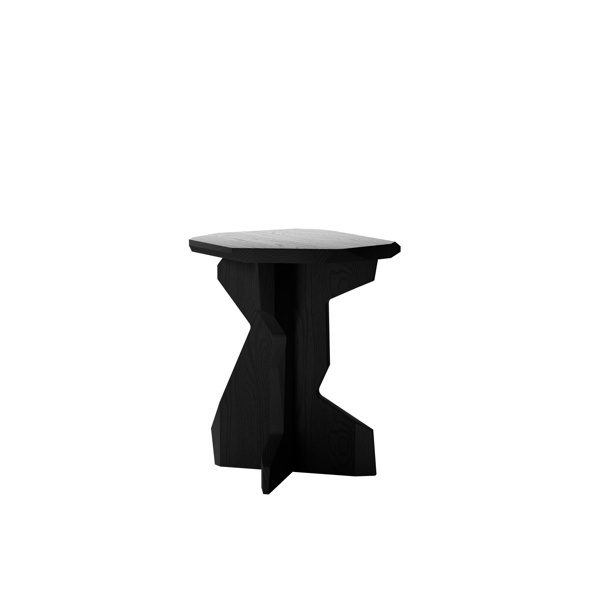 The Fels Sidetable by Objekte unserer Tage is a small black abstract side table with a geometric design. Its angular base and flat top create a modern aesthetic, beautifully highlighted against the white background, reminiscent of the artistry in the FELS Stool collection.