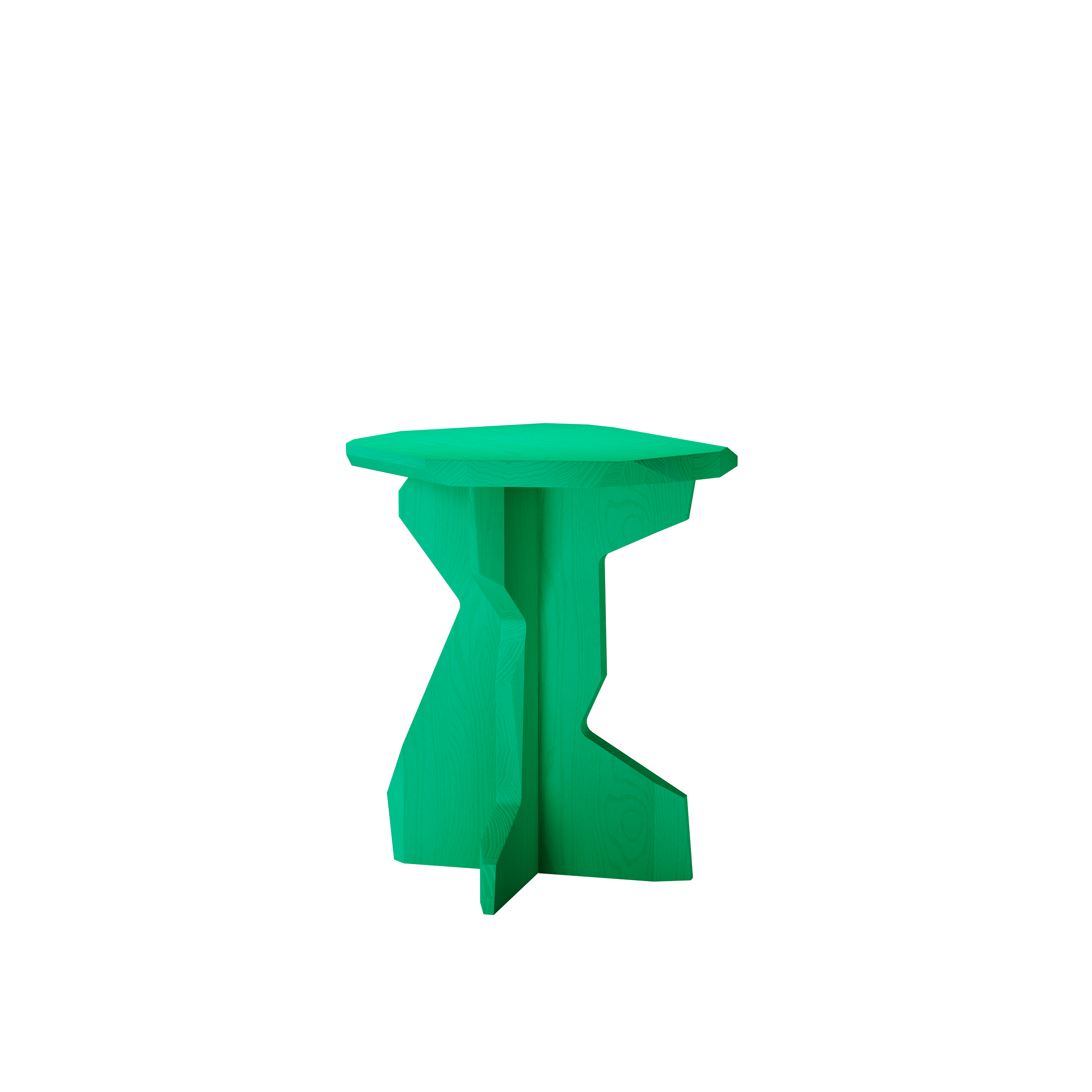 Introducing the Fels Sidetable by Objekte unserer Tage: a handcrafted piece in vibrant green with a unique geometric design. This modern wooden sidetable features intersecting asymmetrical pieces supporting a round top, set against a plain background for standout appeal.