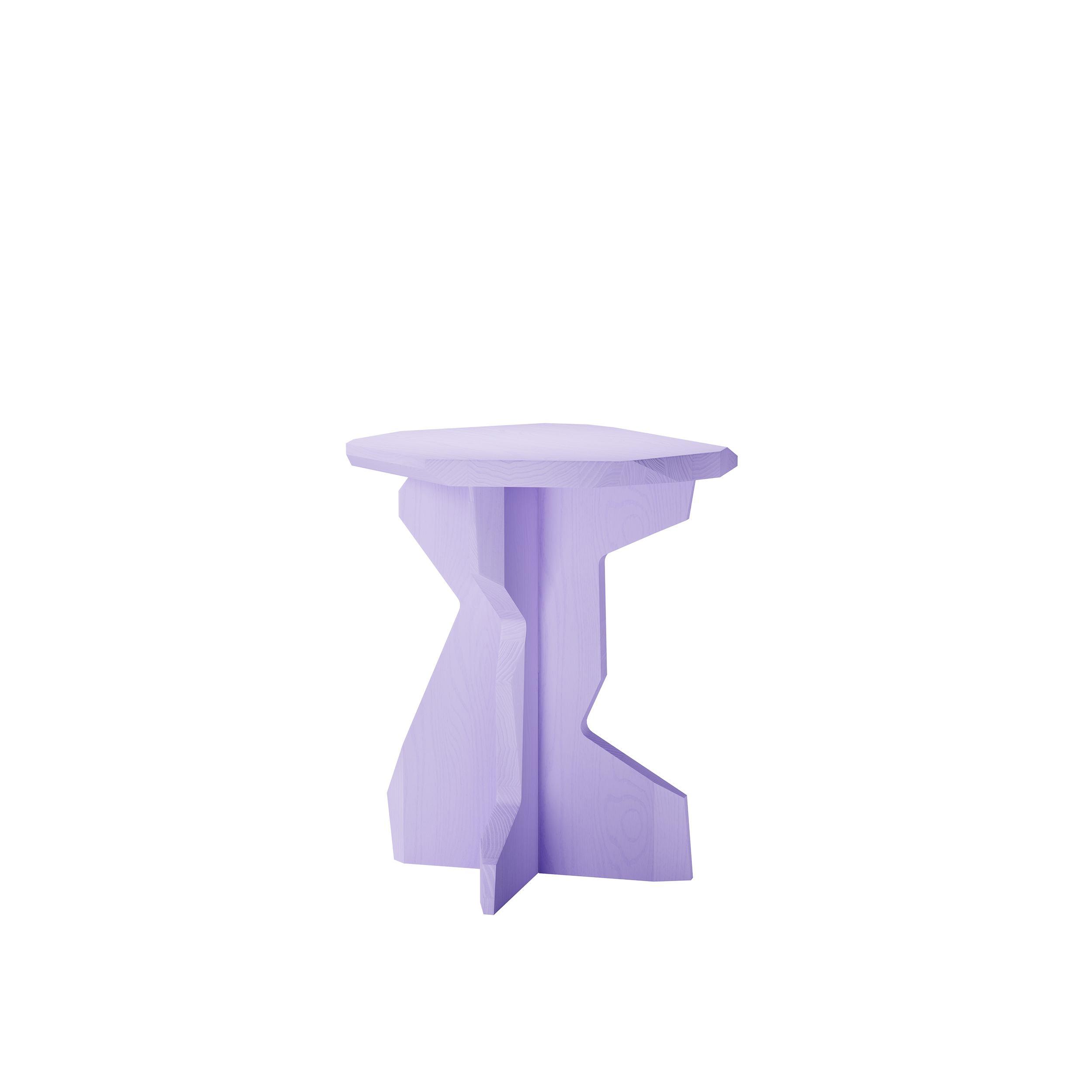 Discover the Fels Sidetable by Objekte unserer Tage. This modern masterpiece, crafted from natural wood, features abstract geometric forms and angular cuts with a light purple finish. Its flat round top on a sturdy base exudes artisanal charm.