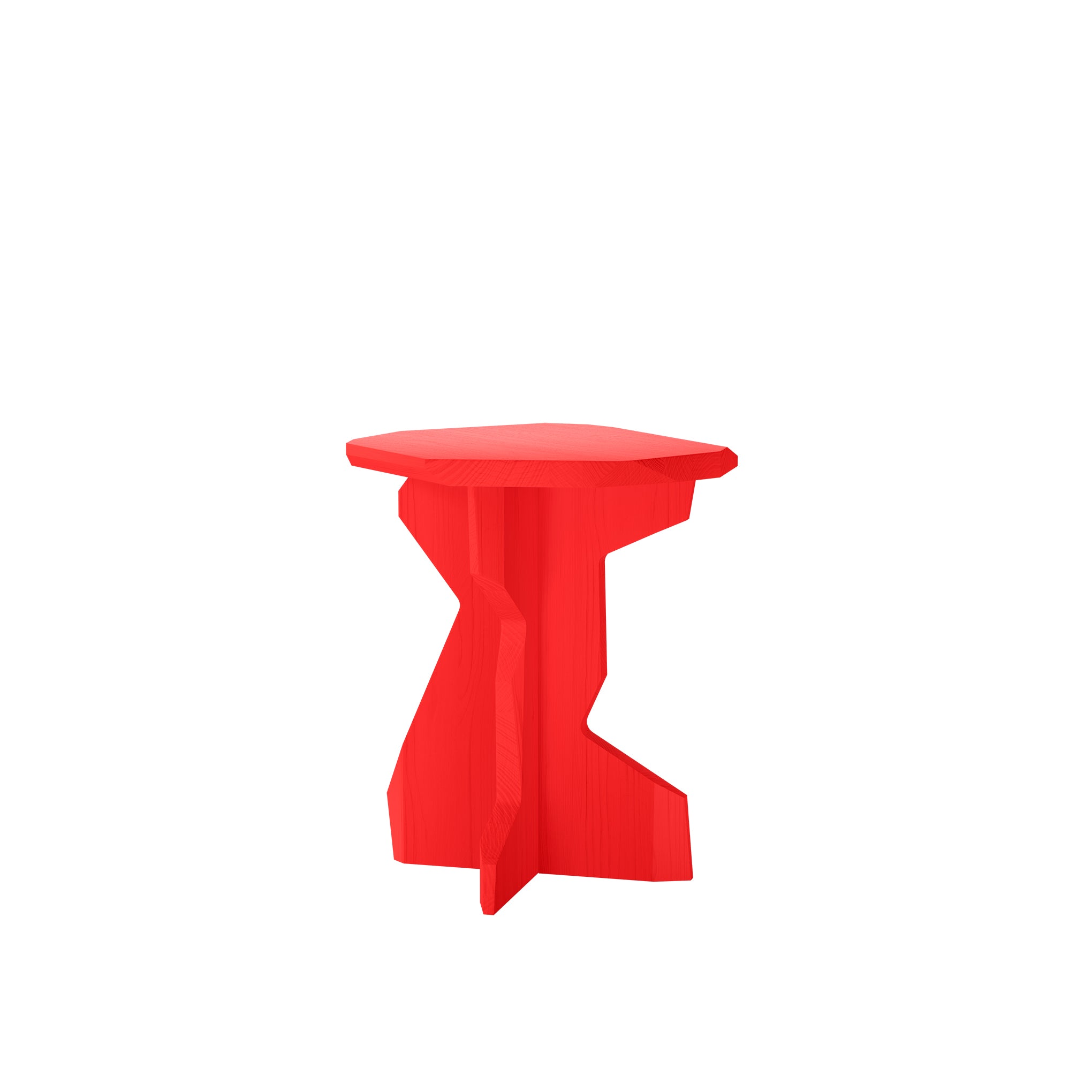 An abstract geometric Fels Sidetable by Objekte unserer Tage, featuring a vivid red color and unique angular design. Its handcrafted from natural wood with a smooth top and interlocking base, set against a plain white background.