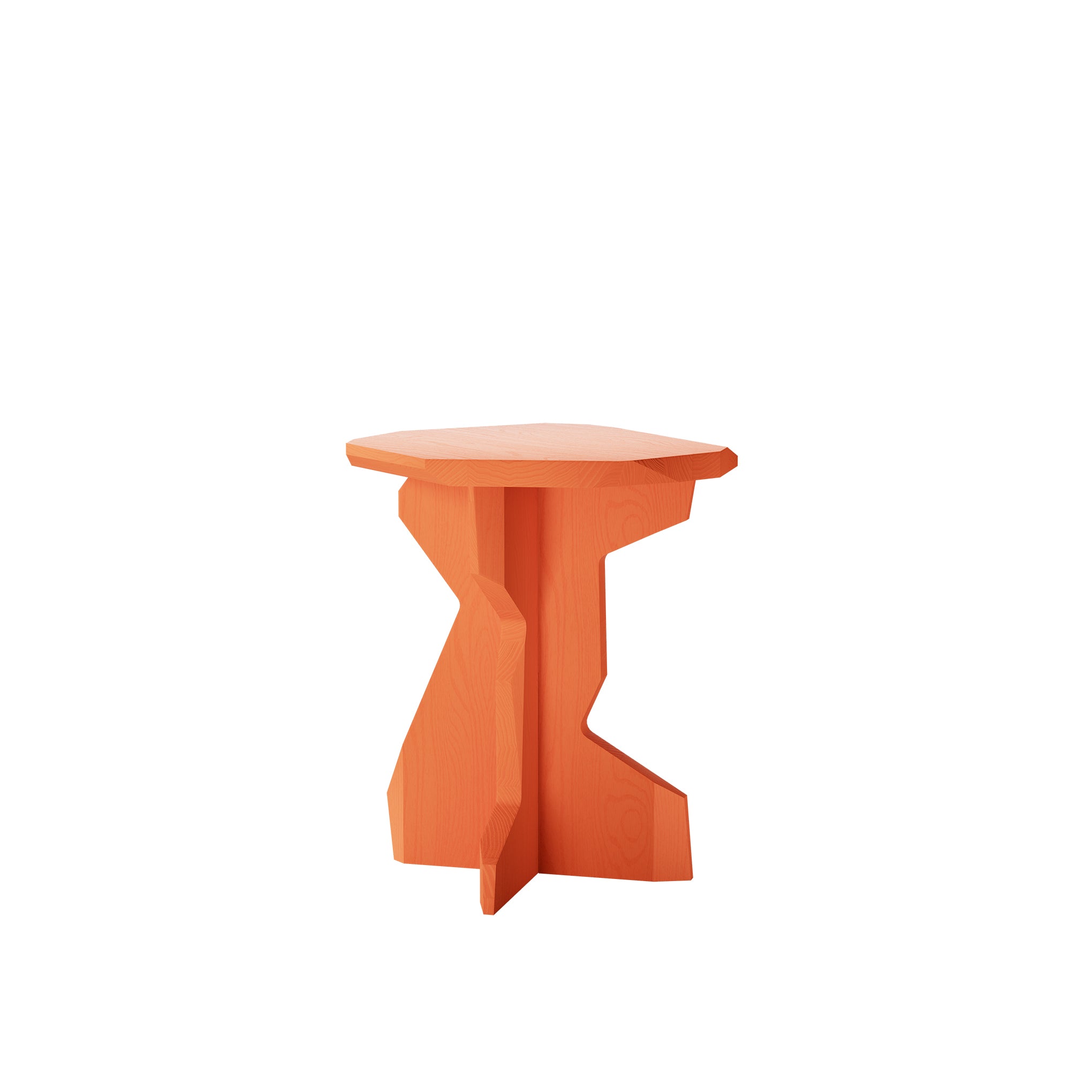 The Fels Sidetable by Objekte unserer Tage is a modern, geometric orange side table with an X-shaped base and flat round top. Handcrafted from natural wood elements, it stands out against a plain white background.