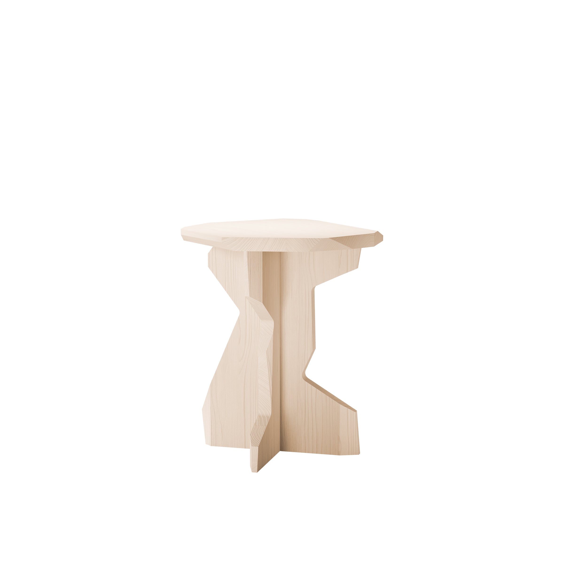 The Fels Sidetable by Objekte unserer Tage is a modern wooden piece with a geometric design, featuring angular intersecting legs and a flat round top. Handcrafted from natural wood, it stands against a plain white background, highlighting its minimalist style and elegant texture.