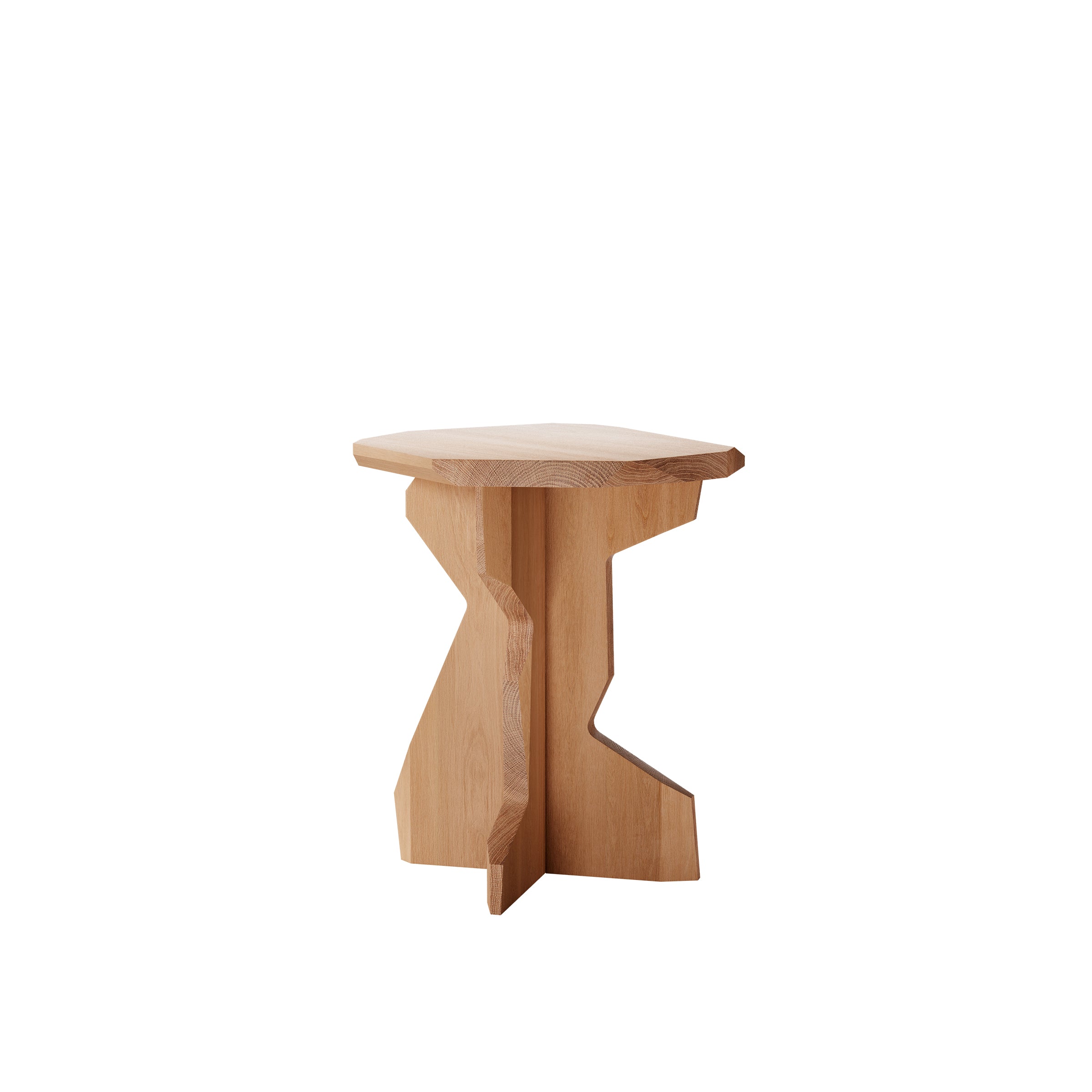Meet the Fels Sidetable by Objekte unserer Tage: a handcrafted wooden piece featuring an abstract, geometric design. Its natural wood finish and interlocking angular legs offer a simple, artistic aesthetic that adds a modern, minimalist touch to any space.