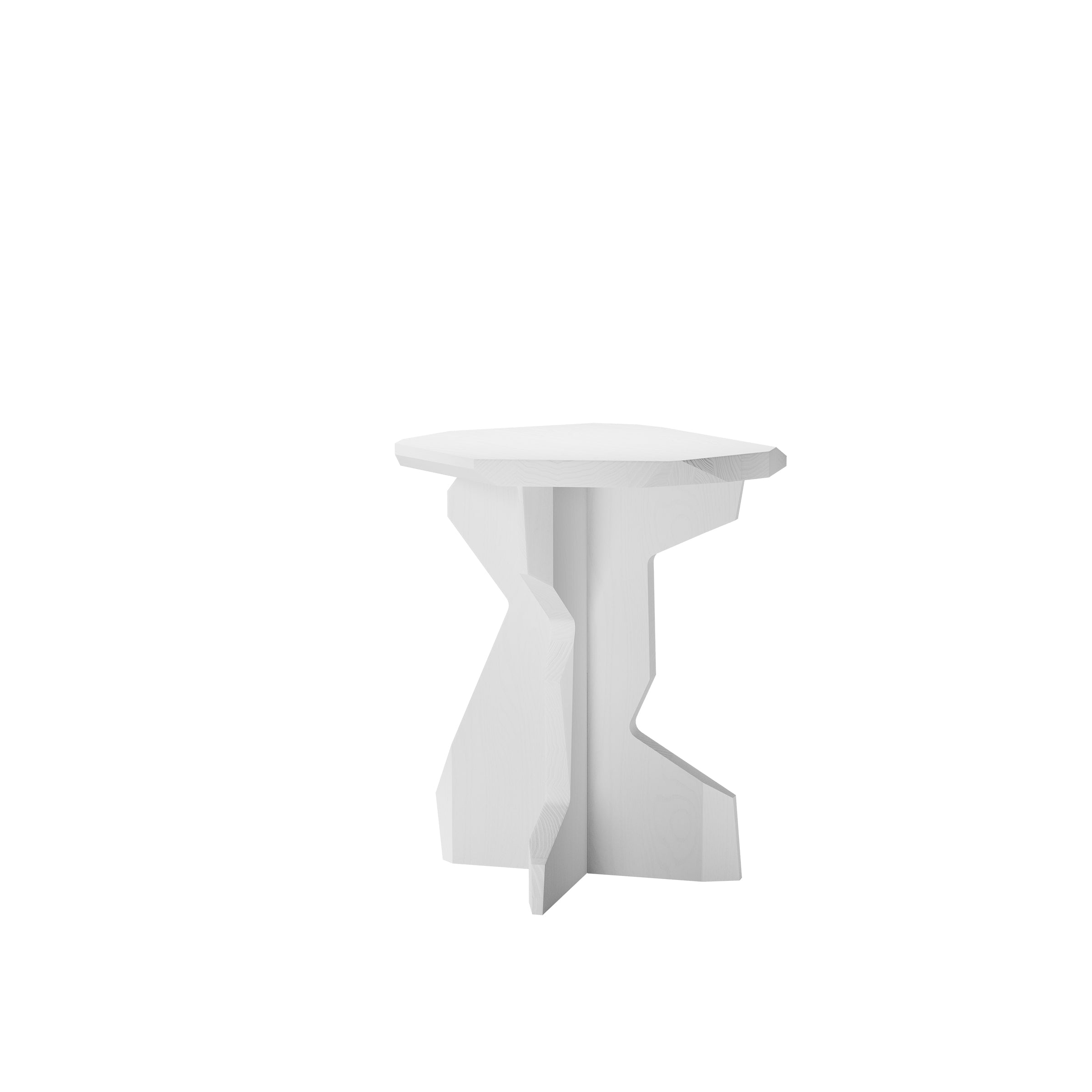 The Fels Sidetable from Objekte unserer Tage is a minimalist, white geometric side table with angular cuts and an abstract design. It features a triangular top and a sturdy natural wood base, offering a modern, artistic appearance.