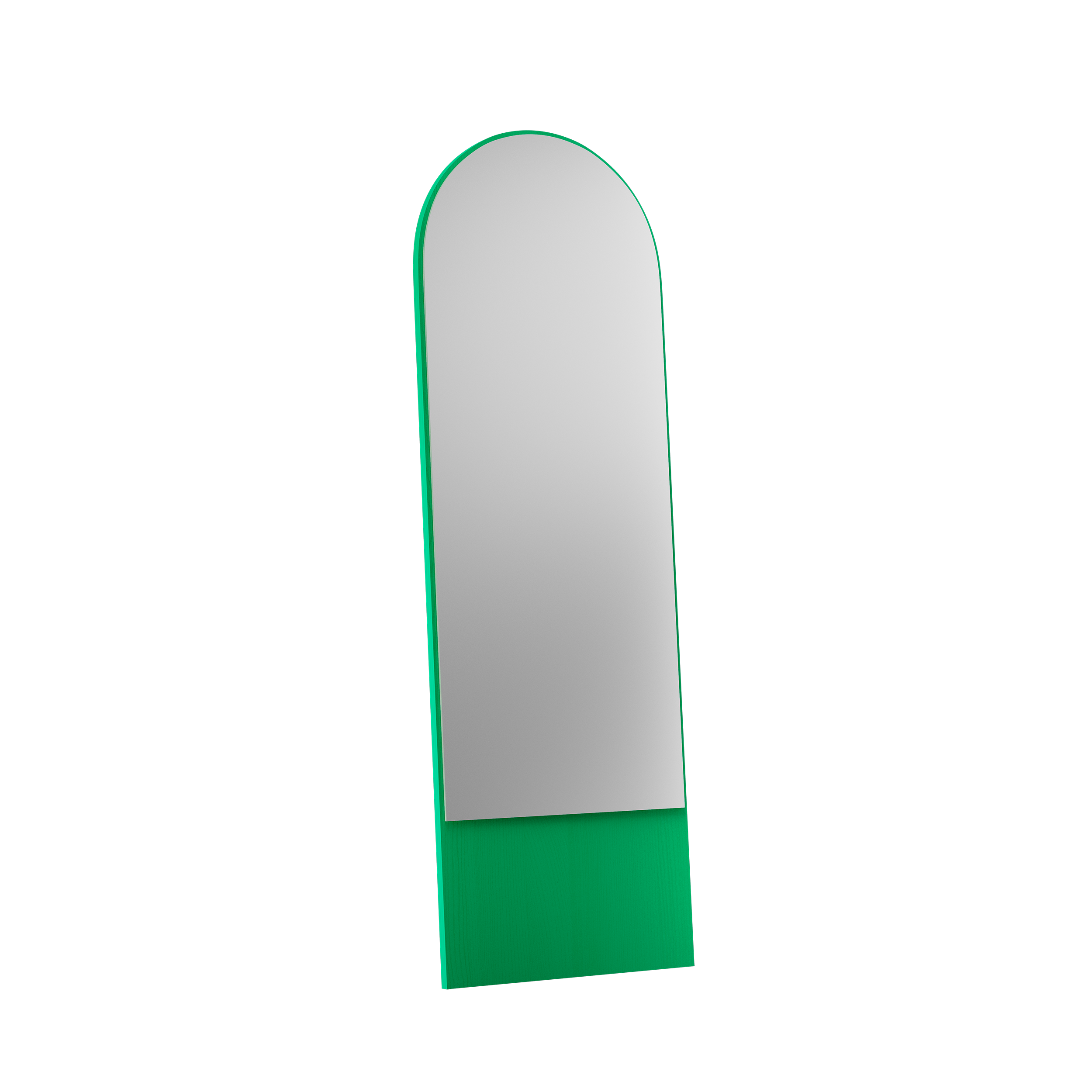 The FRIEDRICH 21 Mirror by Objekte unserer Tage features a tall, minimalist design with a striking round arch. Its green lacquered ash wood base and frame create an elegant contrast on a black background, blending style and simplicity.