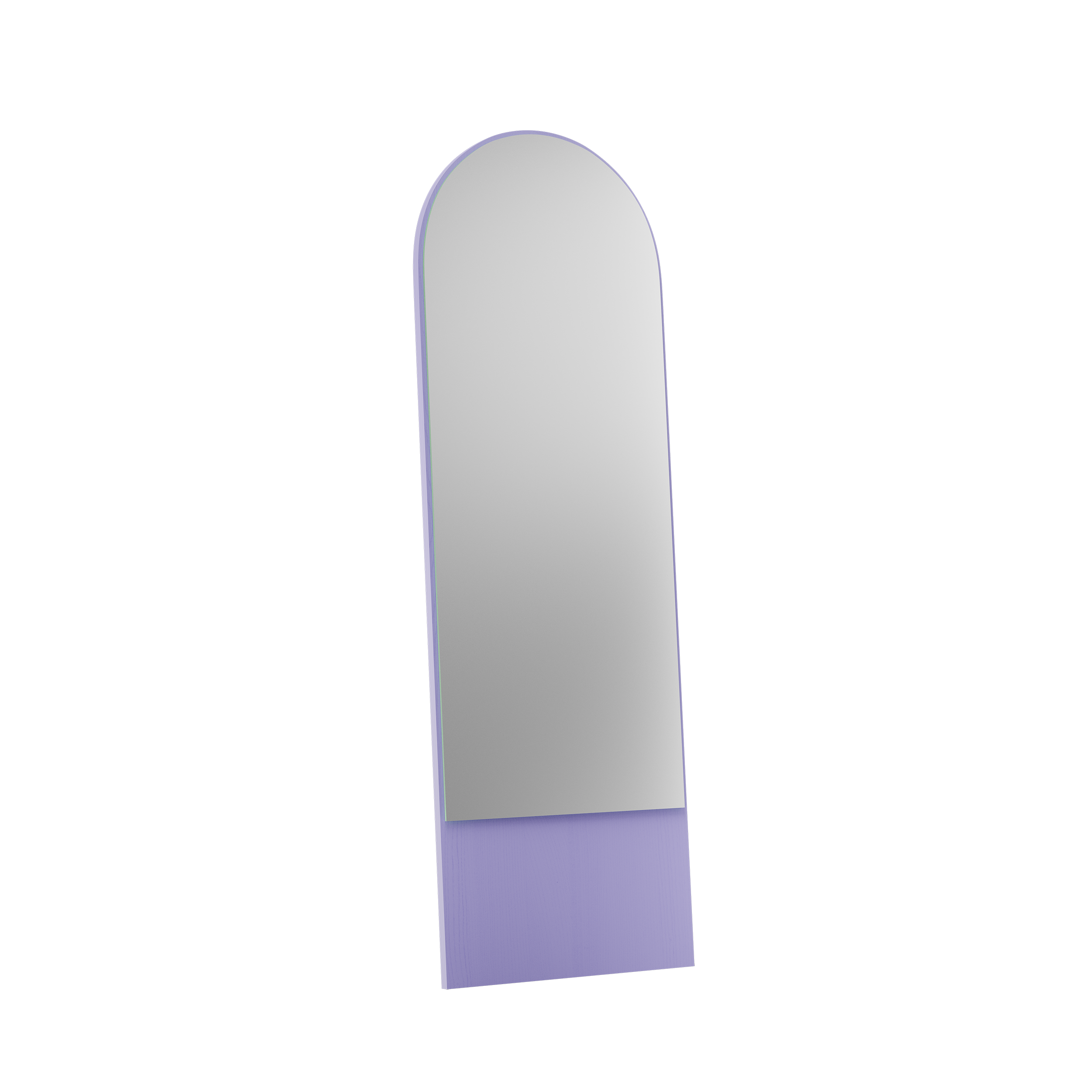 The FRIEDRICH 21 Mirror by Objekte unserer Tage is a freestanding, full-length piece with a round arch and lavender base, framed in lacquered ash wood. Set against a black background, it adds a stylish and modern touch to any space.