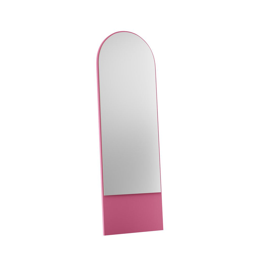 The FRIEDRICH 21 Mirror by Objekte unserer Tage is a freestanding, arched full-length mirror with a pink frame and base. Its round arch and slight tilt highlight a sleek, modern style crafted from lacquered ash wood.