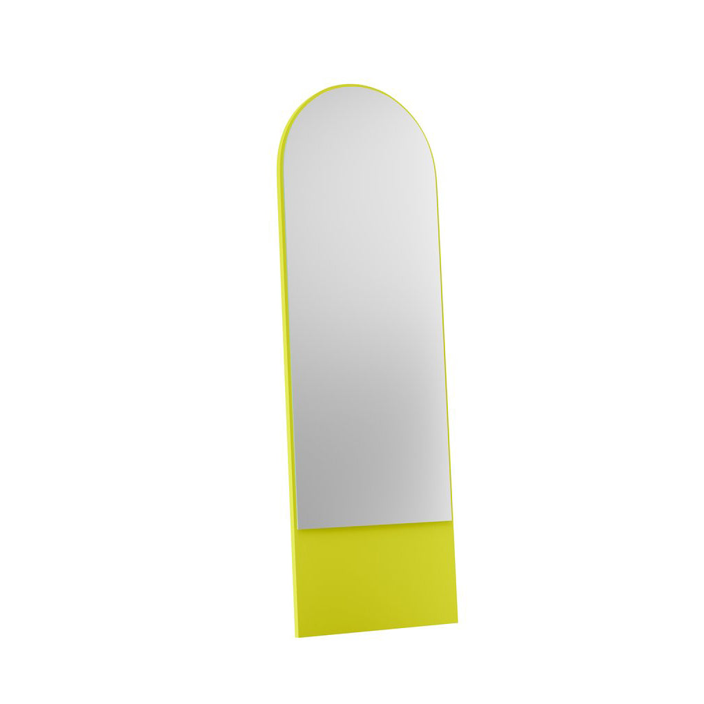 The FRIEDRICH 21 Mirror by Objekte unserer Tage has a tall, arched design with a bright yellow-green lacquered ash wood frame, set against a plain white background.