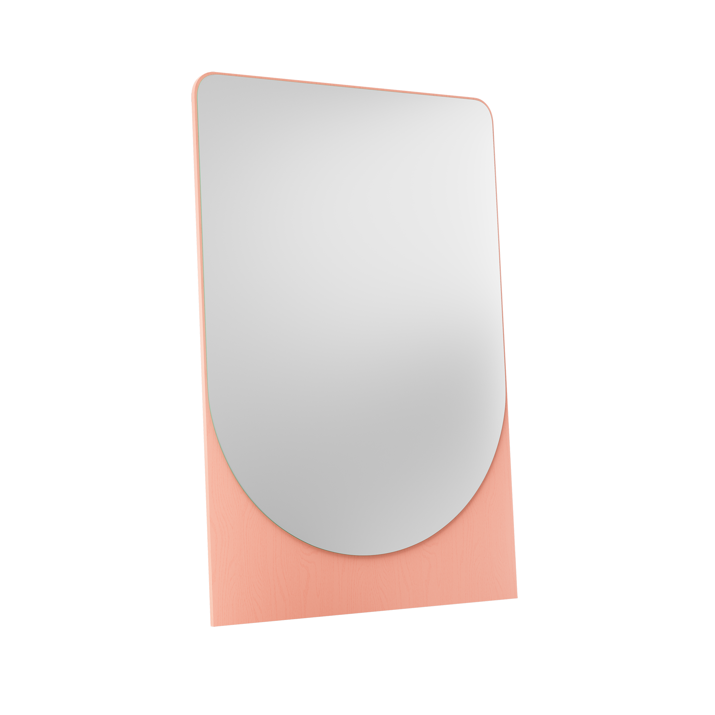 Explore the contemporary elegance of the FRIEDRICH MAX Mirror by Objekte unserer Tage. Featuring mirror glass with a softly rounded top edge, a light pink frame, and a black background, its semicircular extension adds sculptural charm and distinct design flair.