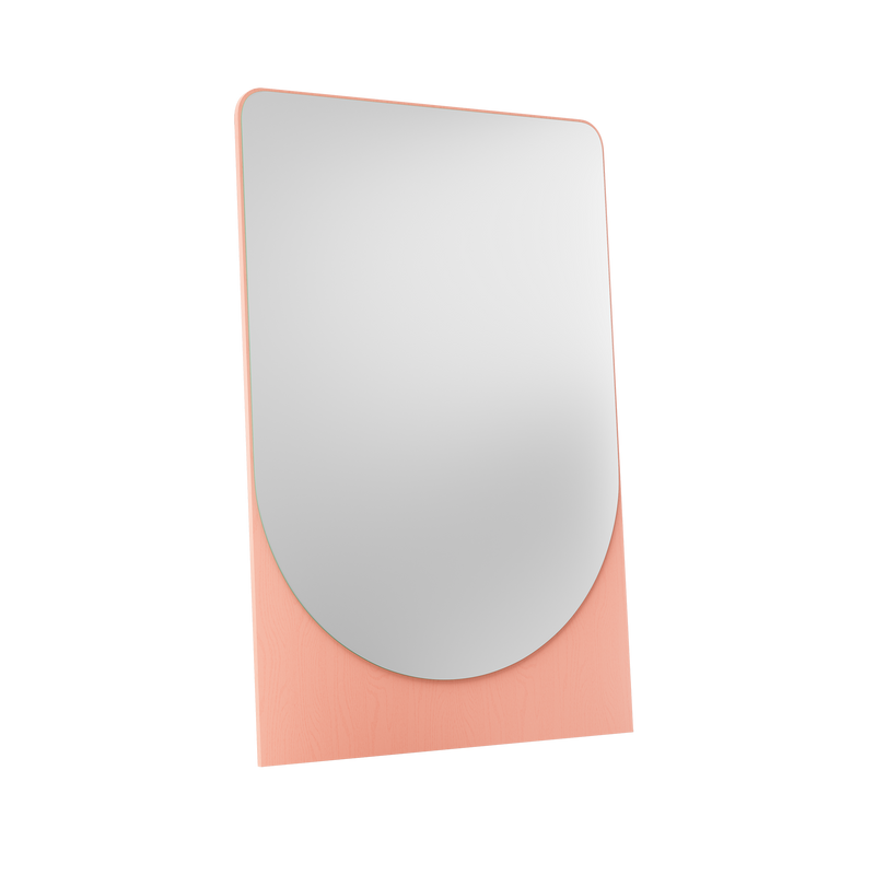 Explore the contemporary elegance of the FRIEDRICH MAX Mirror by Objekte unserer Tage. Featuring mirror glass with a softly rounded top edge, a light pink frame, and a black background, its semicircular extension adds sculptural charm and distinct design flair.