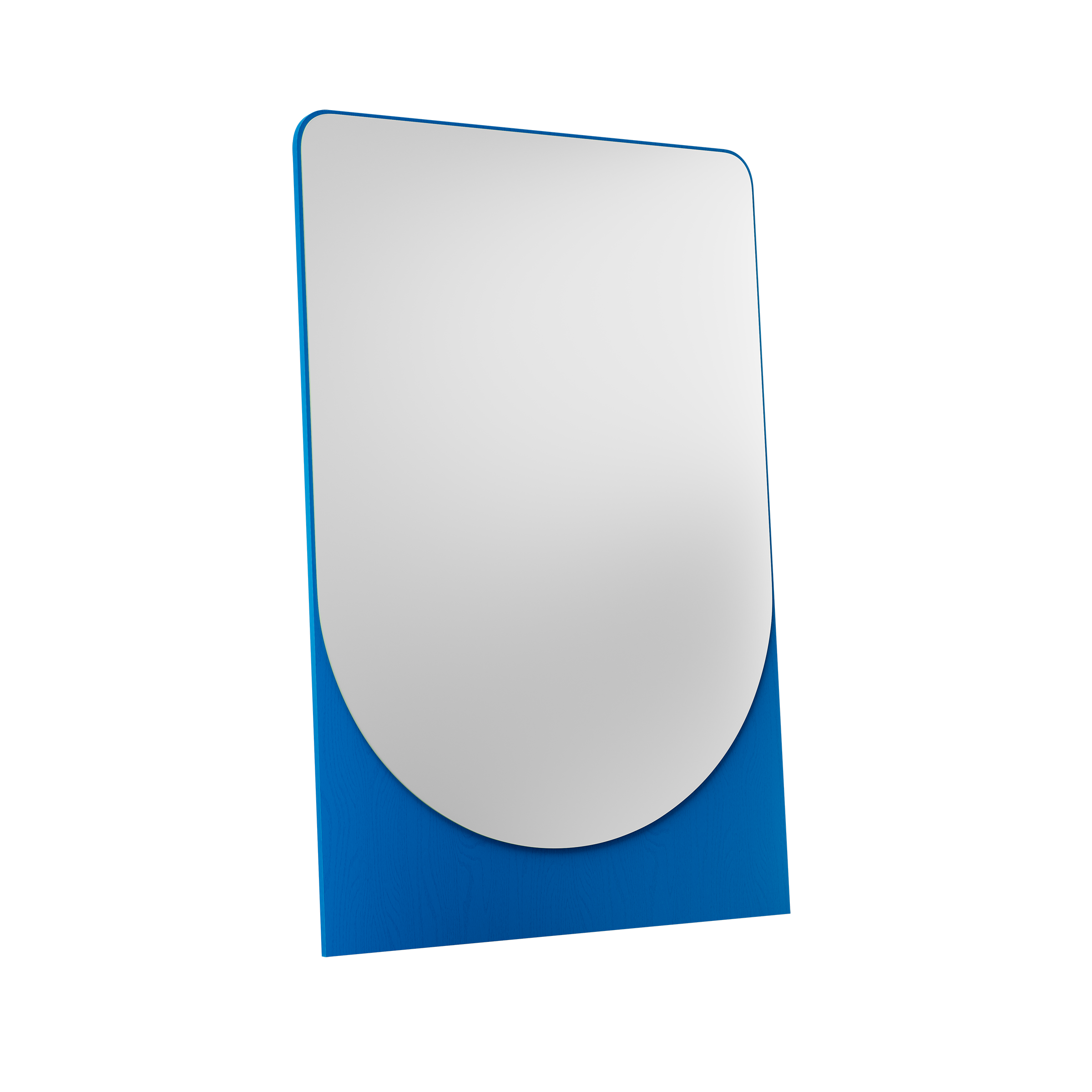 The FRIEDRICH MAX Mirror by Objekte unserer Tage is a tall, rectangular piece with rounded edges on a blue stand and angled slightly. Its smooth reflective surface contrasts with the black background, combining timeless elegance and modern sophistication.