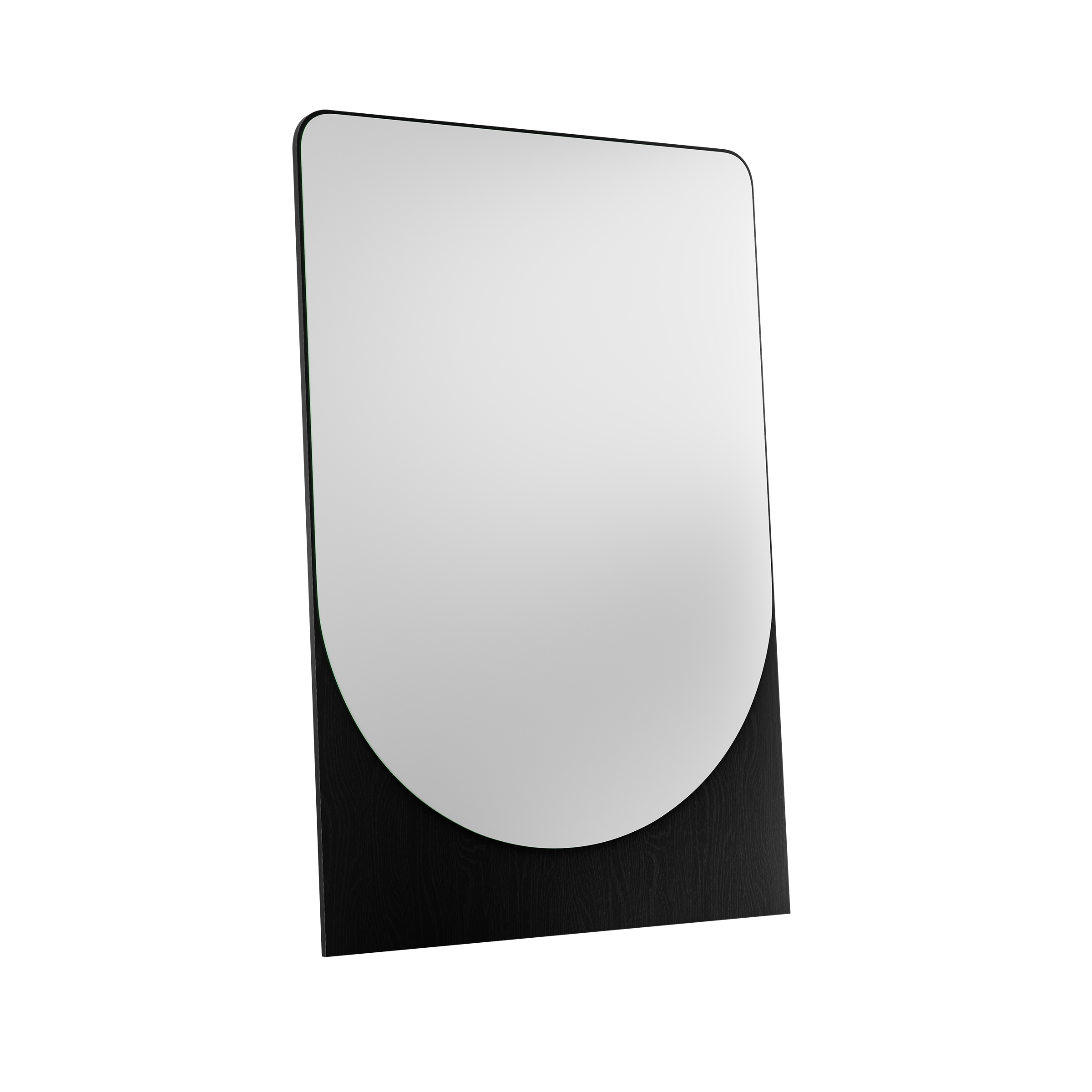 The FRIEDRICH MAX Mirror, designed by Objekte unserer Tage, is a contemporary, large mirror with rounded top edges, mounted on a black wooden stand against a solid black background.
