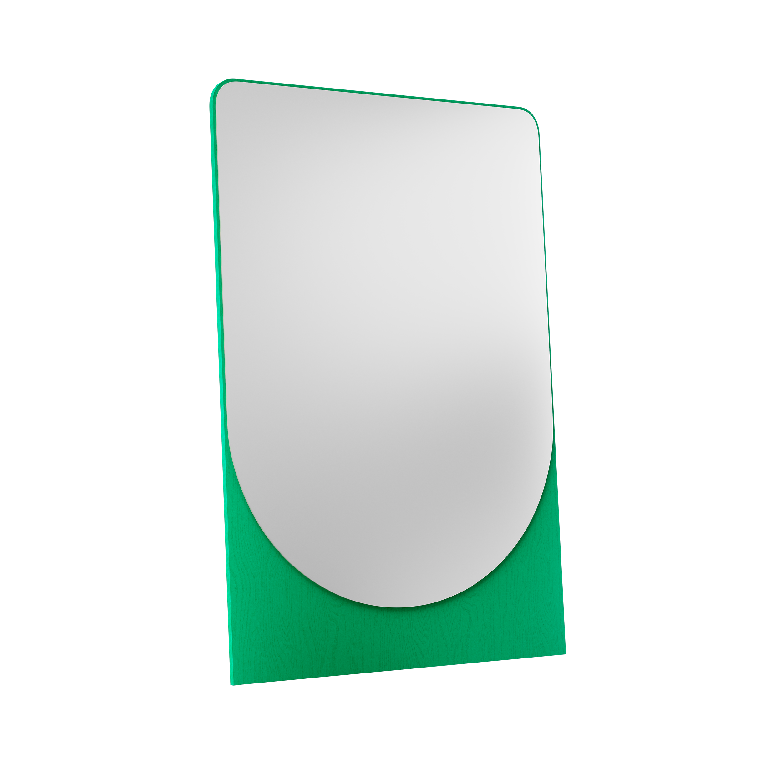 A FRIEDRICH MAX Mirror by Objekte unserer Tage rests on a green, textured, slightly curved base against a black background. Its rectangular surface with rounded edges reflects nothing specific yet invites wonder with subtle fluorescent hints, inspired by the brands unique use of form.