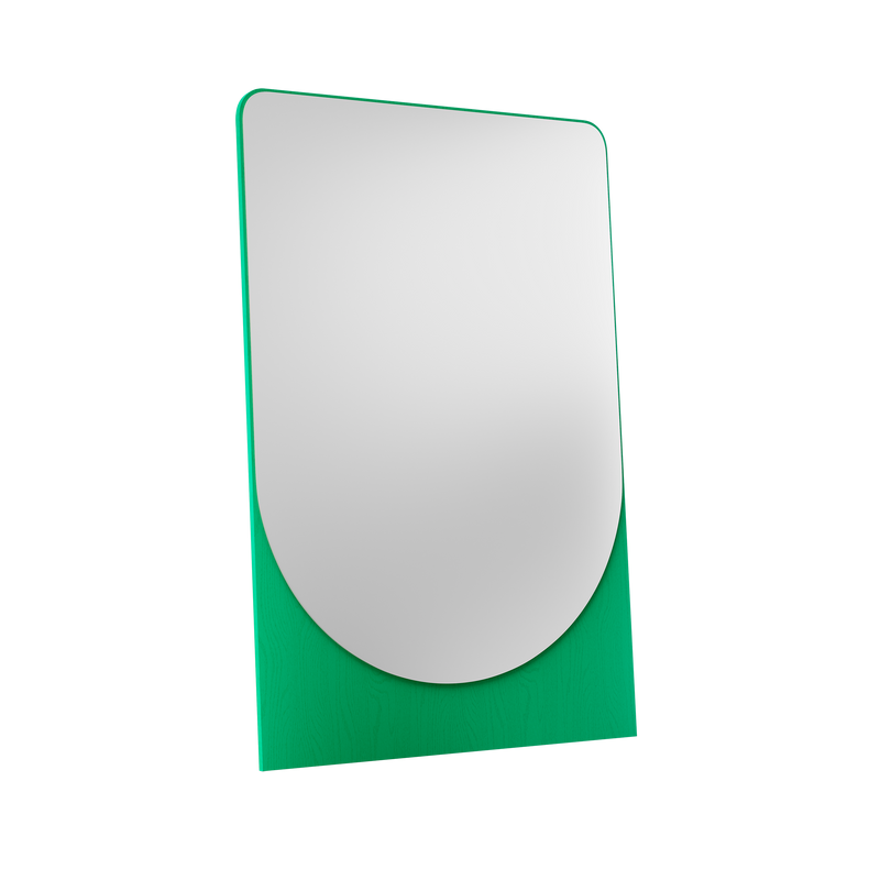 A FRIEDRICH MAX Mirror by Objekte unserer Tage rests on a green, textured, slightly curved base against a black background. Its rectangular surface with rounded edges reflects nothing specific yet invites wonder with subtle fluorescent hints, inspired by the brands unique use of form.