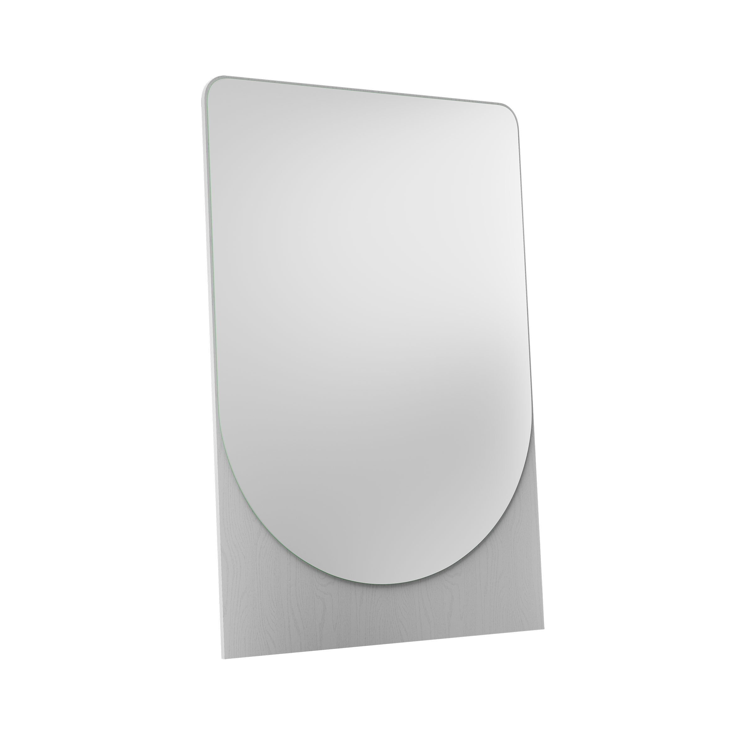 The FRIEDRICH MAX Mirror by Objekte unserer Tage features a modern, minimalist wall mirror design with a rounded top and straight base, mounted on a light wood panel. It uniquely contrasts its style by reflecting a blank black background.