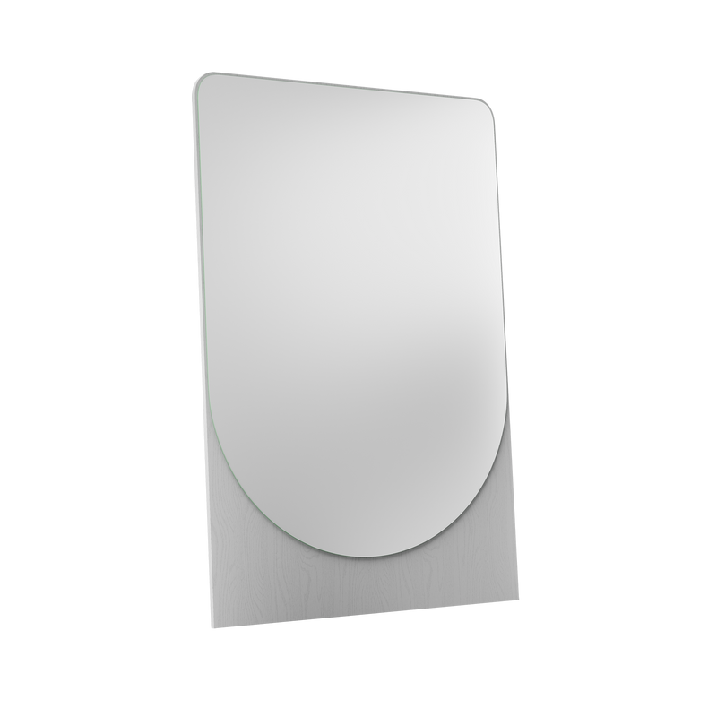 The FRIEDRICH MAX Mirror by Objekte unserer Tage features a modern, minimalist wall mirror design with a rounded top and straight base, mounted on a light wood panel. It uniquely contrasts its style by reflecting a blank black background.