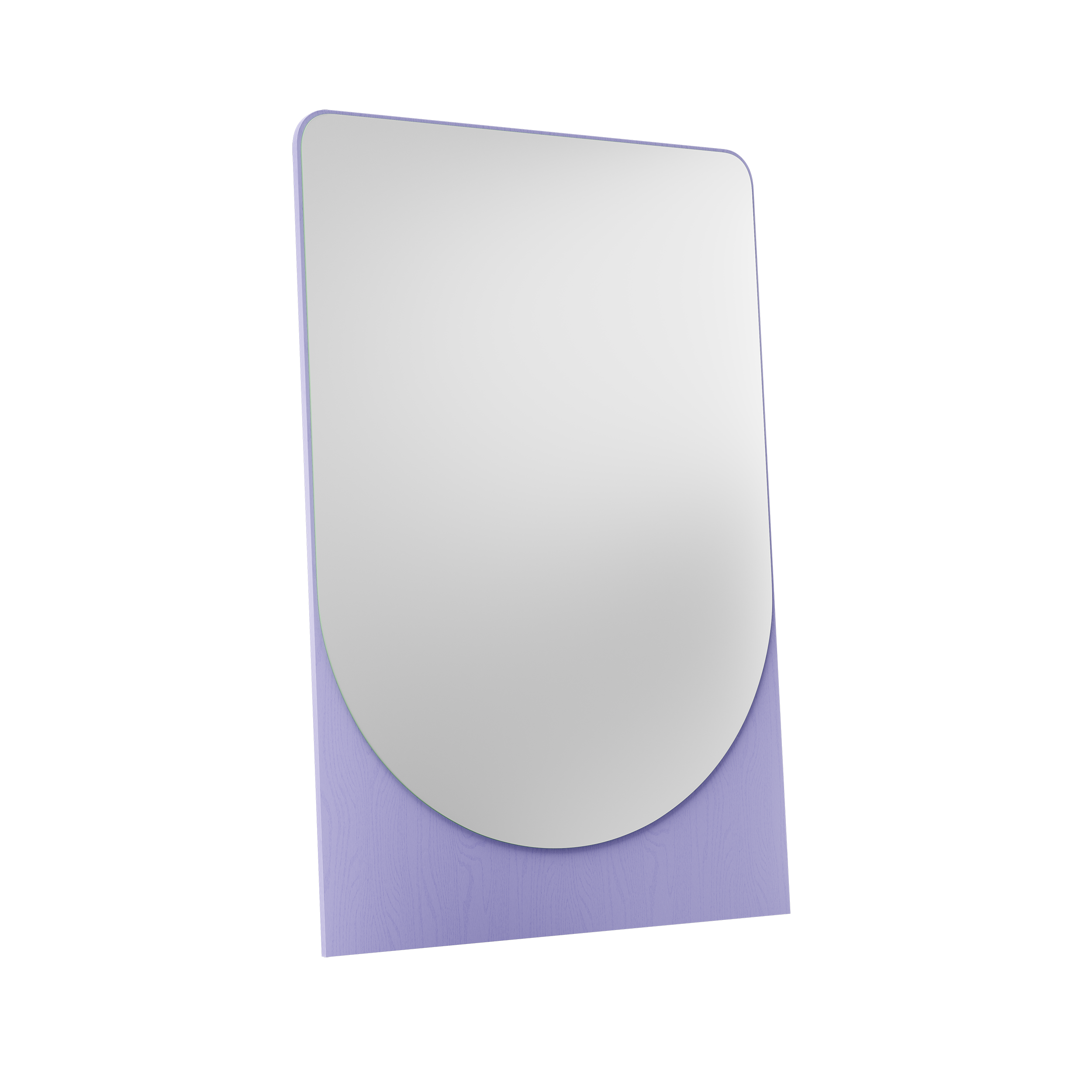 The FRIEDRICH MAX Mirror by Objekte unserer Tage is a rectangular, minimalist piece with rounded top edges and a light purple backing extending beyond its bottom curve on a black background, subtly embracing fluorescent colors for an understated yet striking look.