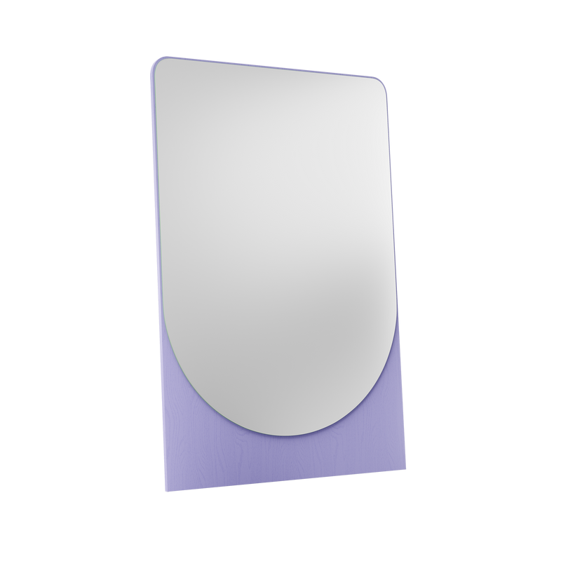 The FRIEDRICH MAX Mirror by Objekte unserer Tage is a rectangular, minimalist piece with rounded top edges and a light purple backing extending beyond its bottom curve on a black background, subtly embracing fluorescent colors for an understated yet striking look.