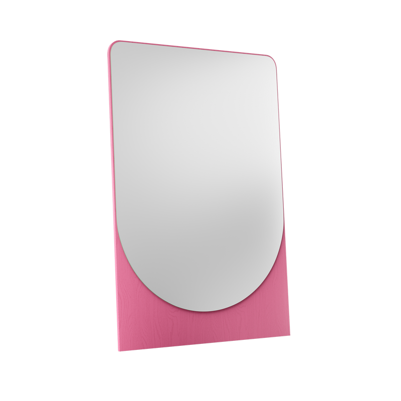 An Objekte unserer Tage FRIEDRICH MAX Mirror featuring rounded corners rests elegantly on a pink, vertically rectangular stand with fluorescent colors. The plain black background accentuates the stands curved top, which partially frames the lower part of the mirror.