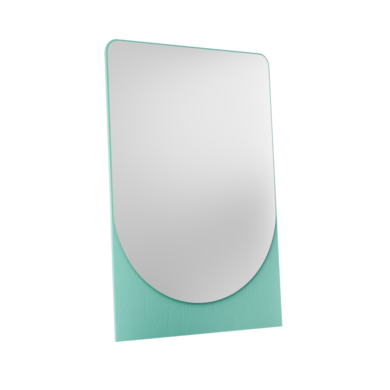 The FRIEDRICH MAX Mirror by Objekte unserer Tage boasts a sleek rectangular design with rounded corners, set on a teal stand. Its glossy surface and the contrast of silver and teal offer a modern touch, subtly nodding to fluorescent colors.