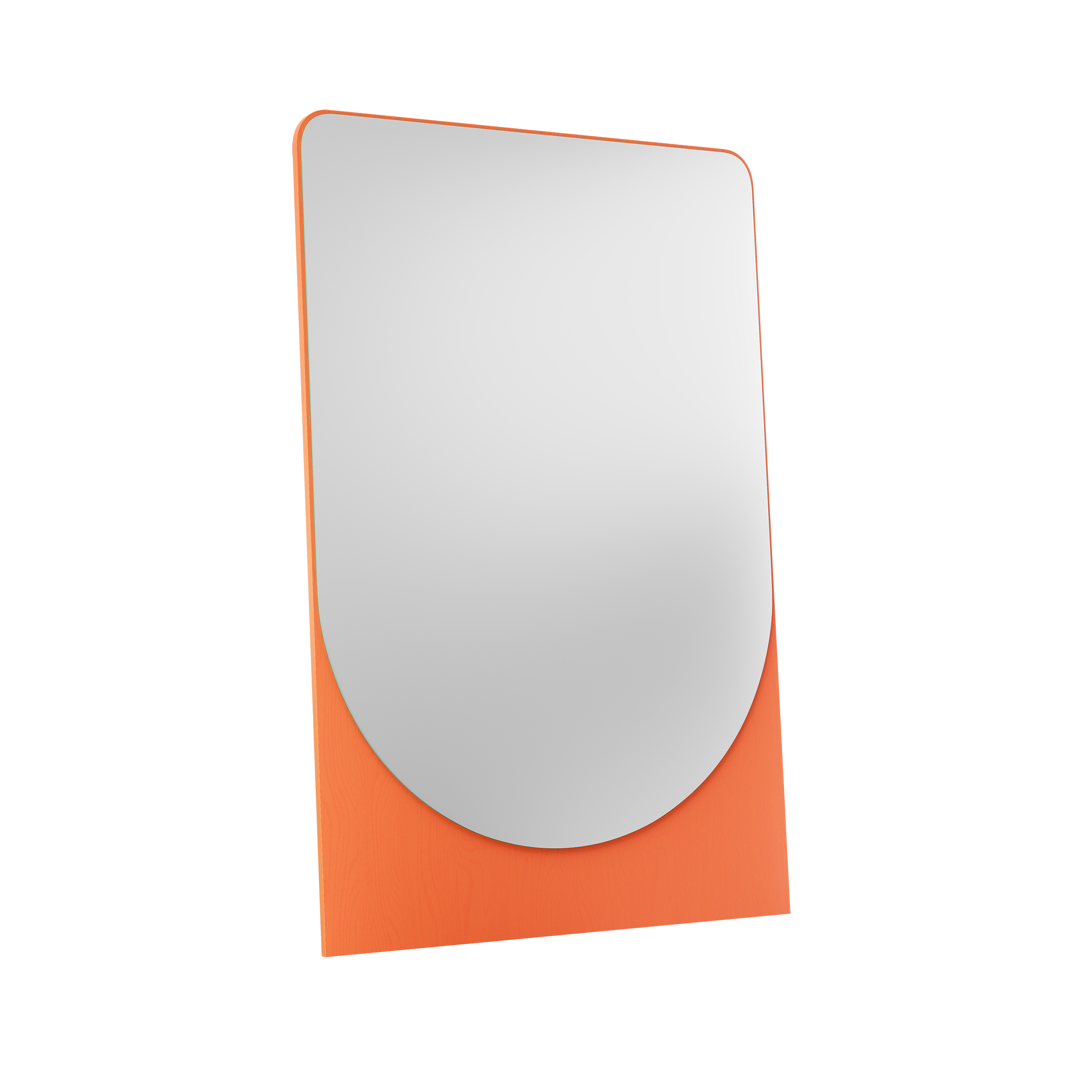The FRIEDRICH MAX Mirror by Objekte unserer Tage features a modern, freestanding design with an orange frame and base. Its rectangular shape with rounded upper corners creates a sculptural aesthetic against a black background, capturing the artistic vision of Friedrich Max in mirror form.