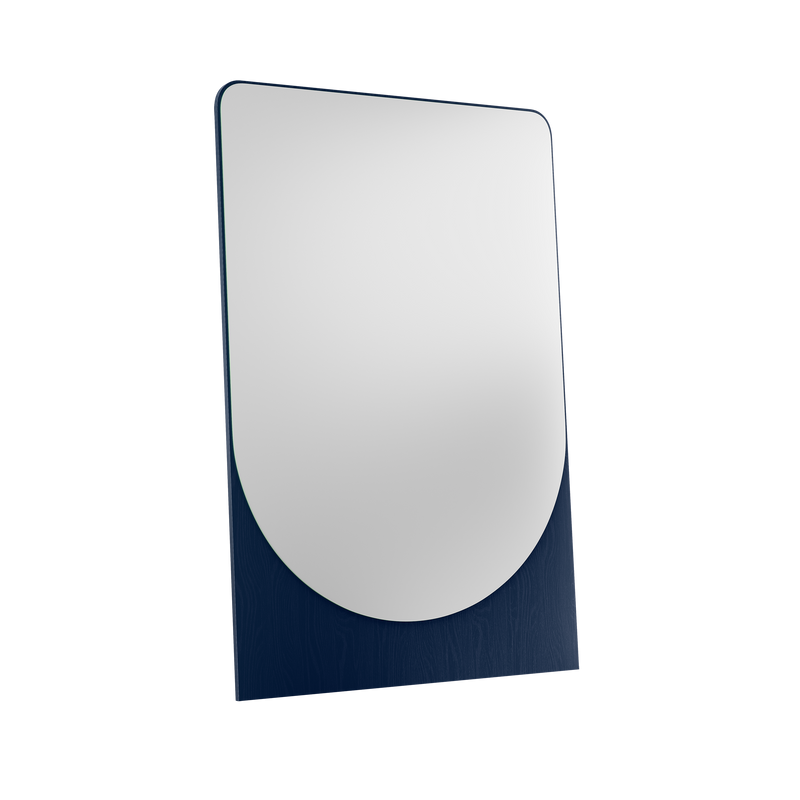 Introducing the FRIEDRICH MAX Mirror by Objekte unserer Tage: a modern, minimalist design with a rectangular shape and rounded upper corners. It features a dark blue base accented by fluorescent colors against a black background, highlighting its reflective surface.