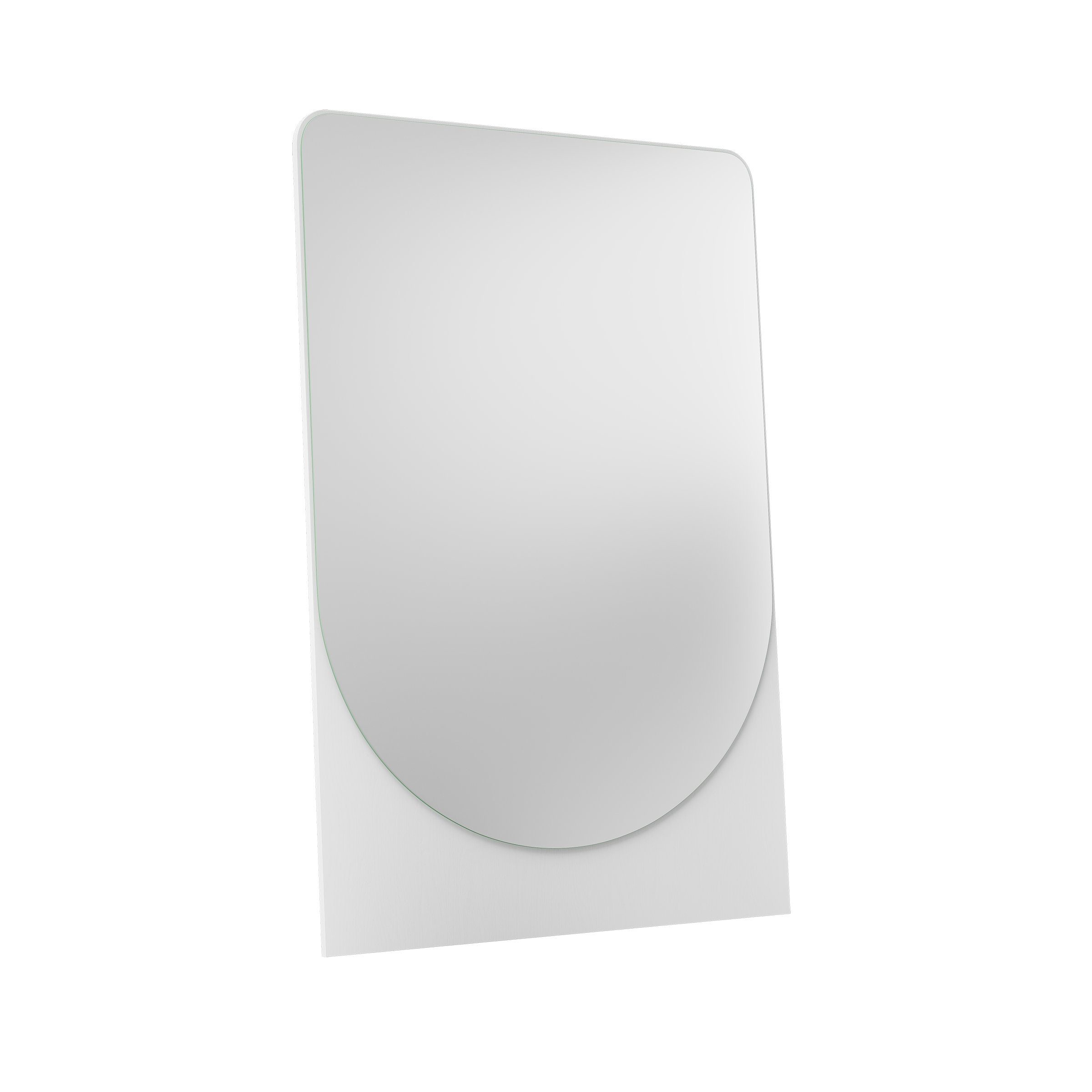 The FRIEDRICH MAX Mirror by Objekte unserer Tage is a tall, modern piece with a rounded top and flat bottom, set against a white background. Its slight tilt reflects a sleek, contemporary design with sculptural character.