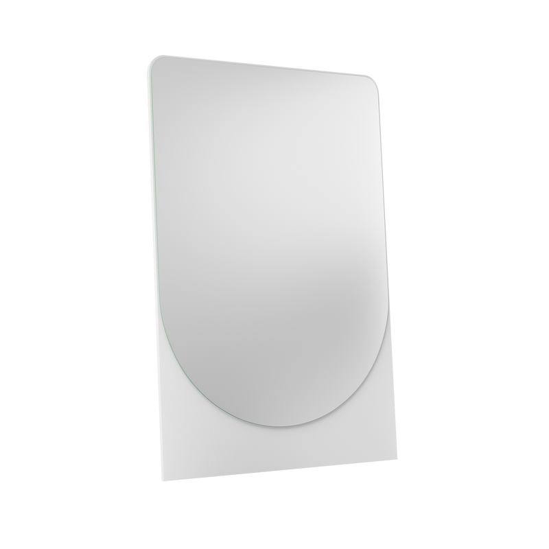 The FRIEDRICH MAX Mirror by Objekte unserer Tage is a tall, modern piece with a rounded top and flat bottom, set against a white background. Its slight tilt reflects a sleek, contemporary design with sculptural character.