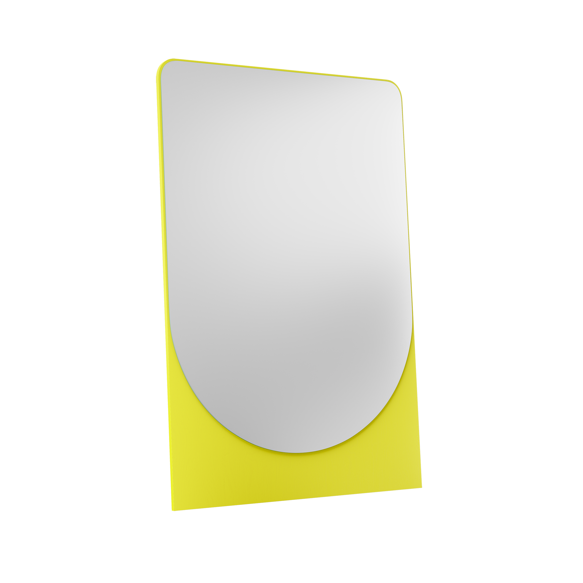 The FRIEDRICH MAX Mirror by Objekte unserer Tage features a rectangular design with a rounded bottom edge against a bright yellow background, enhancing its modern vibe. Its fluorescent colors reflect light vividly, creating a striking look against a dark backdrop.