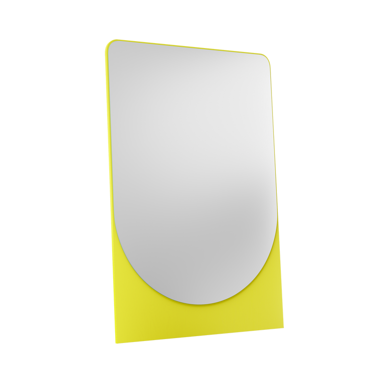 The FRIEDRICH MAX Mirror by Objekte unserer Tage features a rectangular design with a rounded bottom edge against a bright yellow background, enhancing its modern vibe. Its fluorescent colors reflect light vividly, creating a striking look against a dark backdrop.
