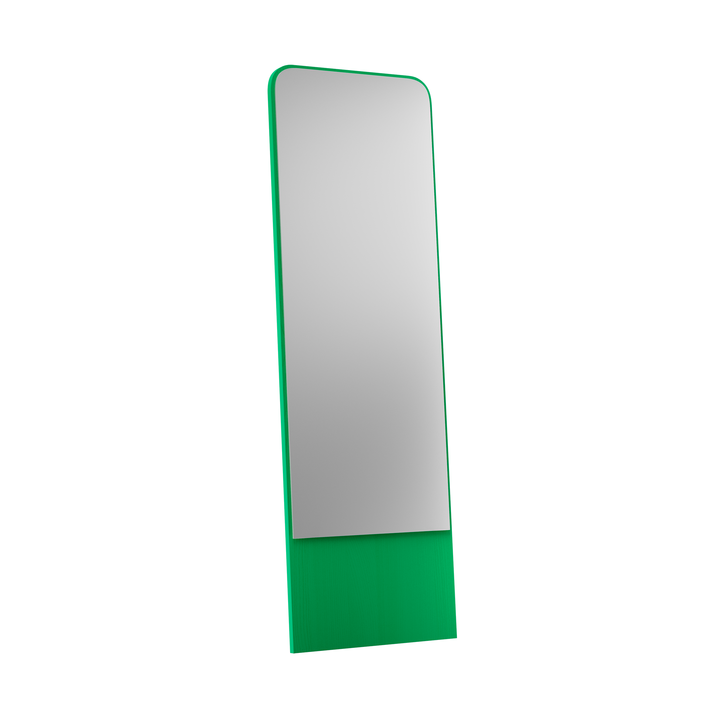 The Friedrich Mirror by Objekte unserer Tage is a tall, rectangular mirror with rounded edges, a sleek design, and a green base against a black background—ideal for contemporary living spaces.