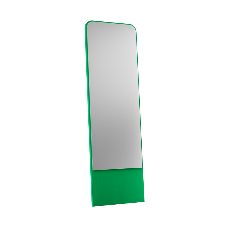 The Friedrich Mirror by Objekte unserer Tage is a tall, rectangular mirror with rounded edges, a sleek design, and a green base against a black background—ideal for contemporary living spaces.