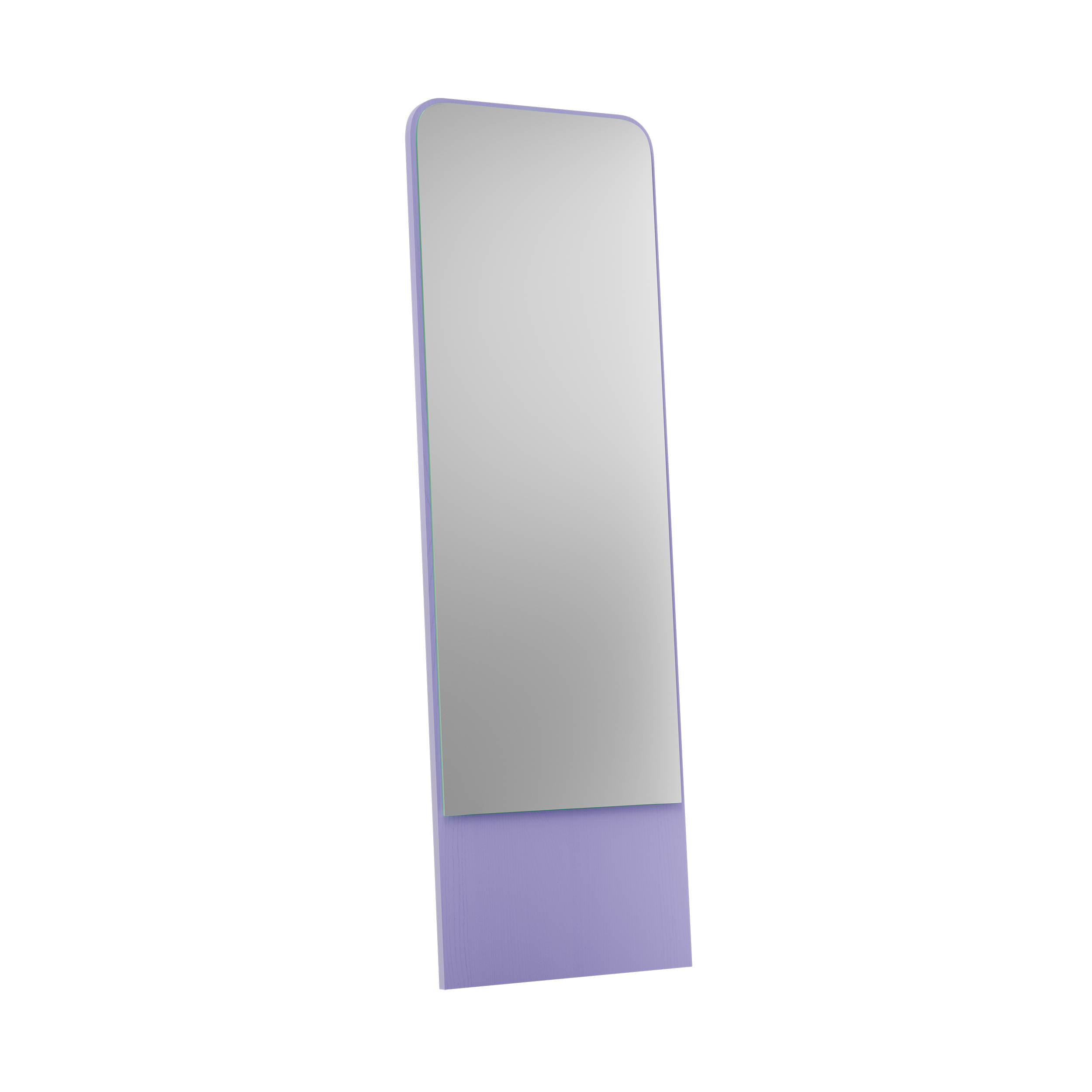 The Friedrich Mirror by Objekte unserer Tage is a sleek, minimalist full-length mirror with a silver reflective surface and light purple base that beautifully enhances any contemporary living space against its black background.